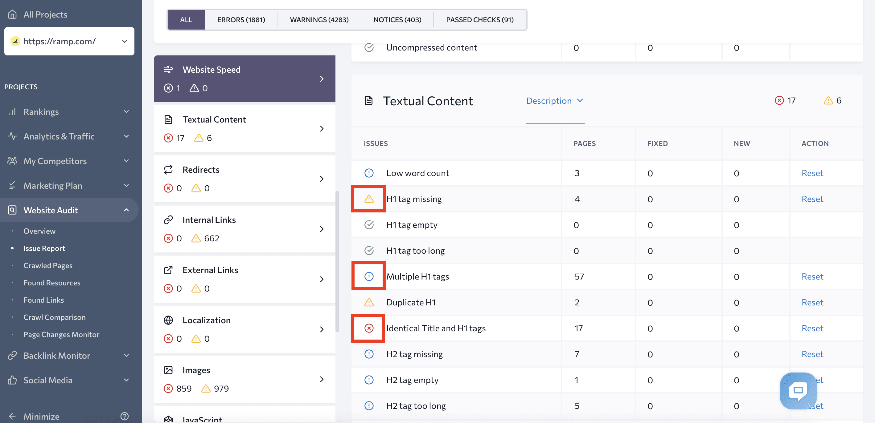 Issue types in Website Audit