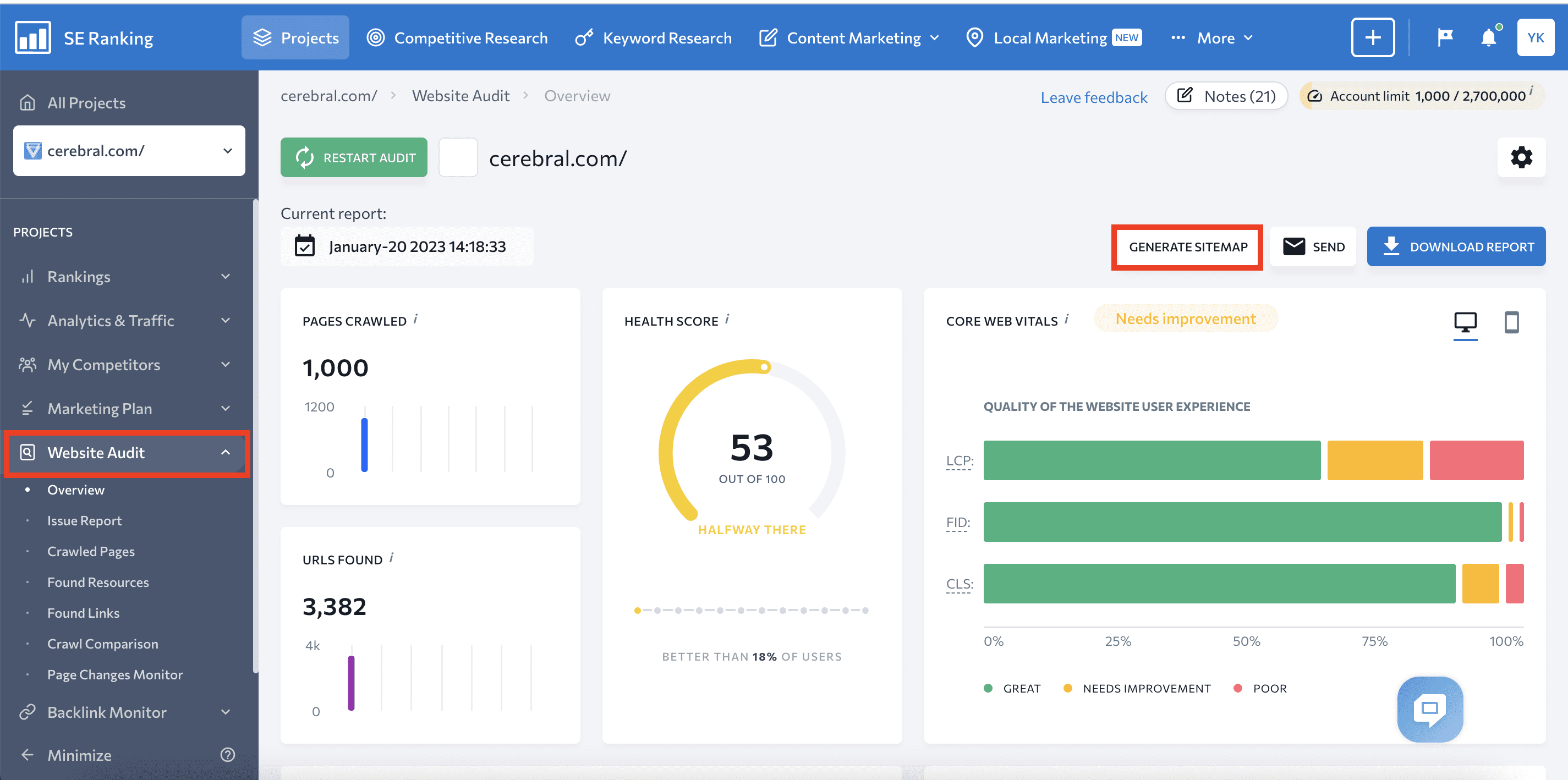 Generate sitemap in Website Audit