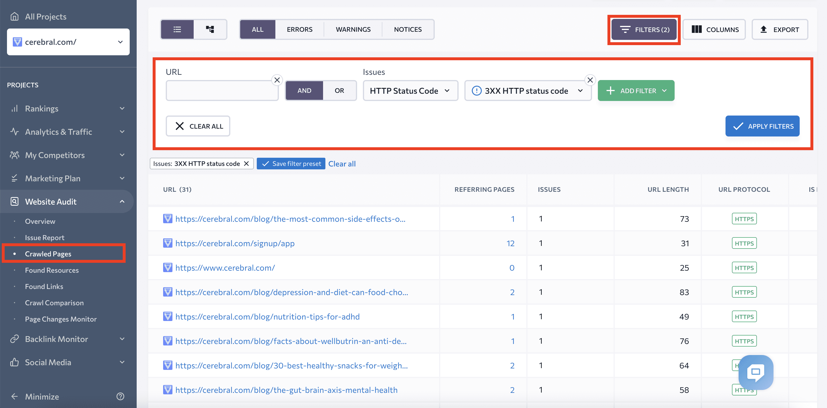 Filter out pages with status code errors