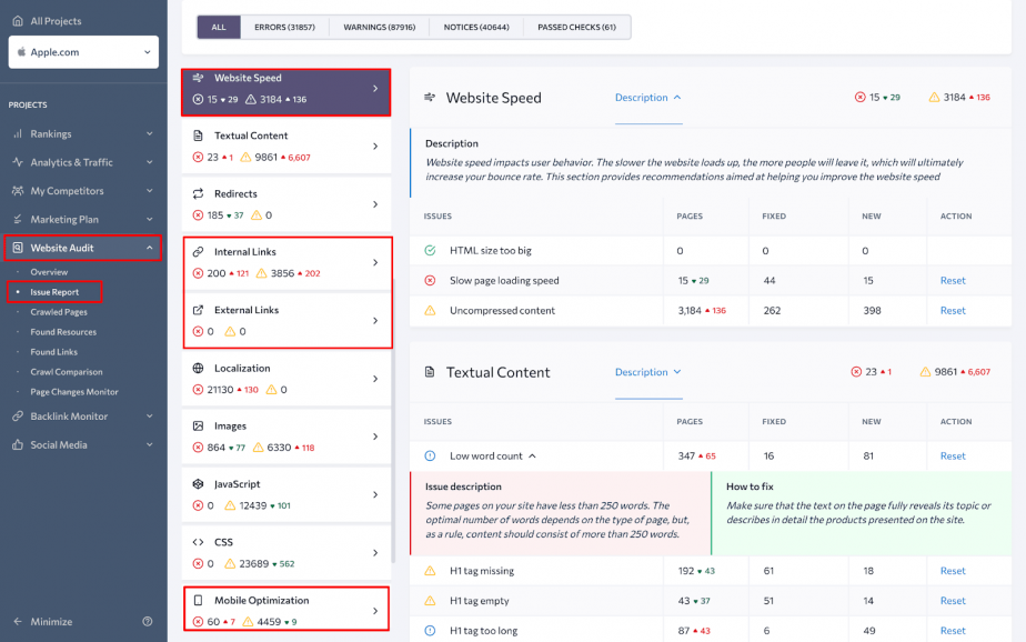 Issues report in Website Audit