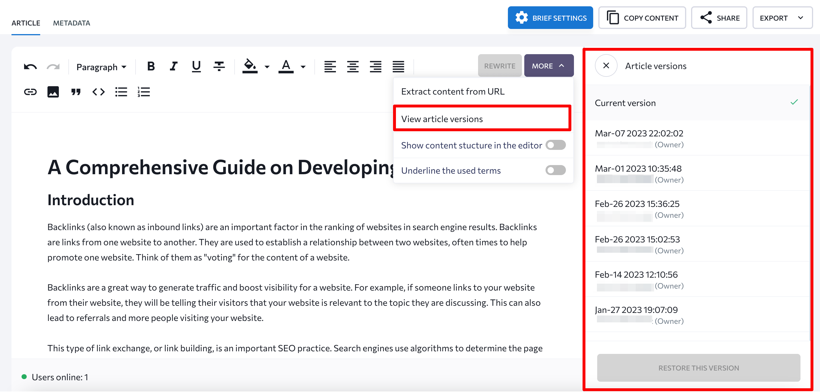 Version history feature in SE Ranking's Content Editor