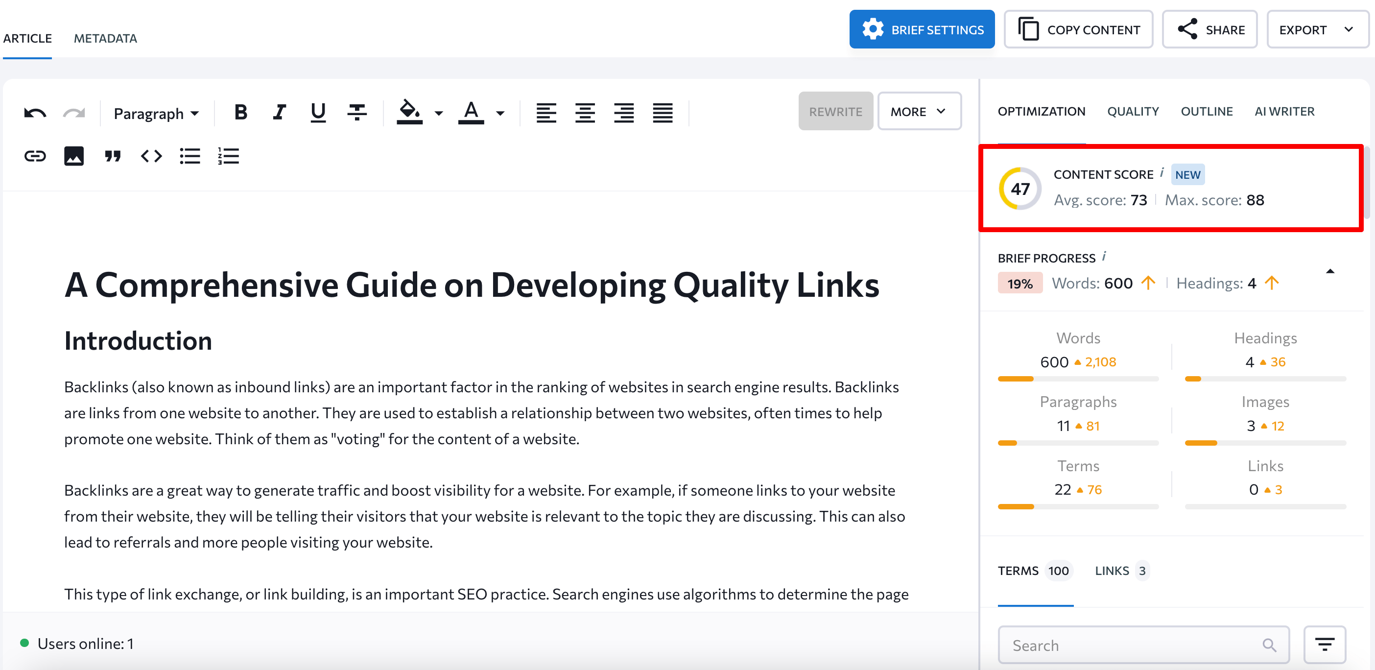 Content Score feature in SE Ranking's Content Editor