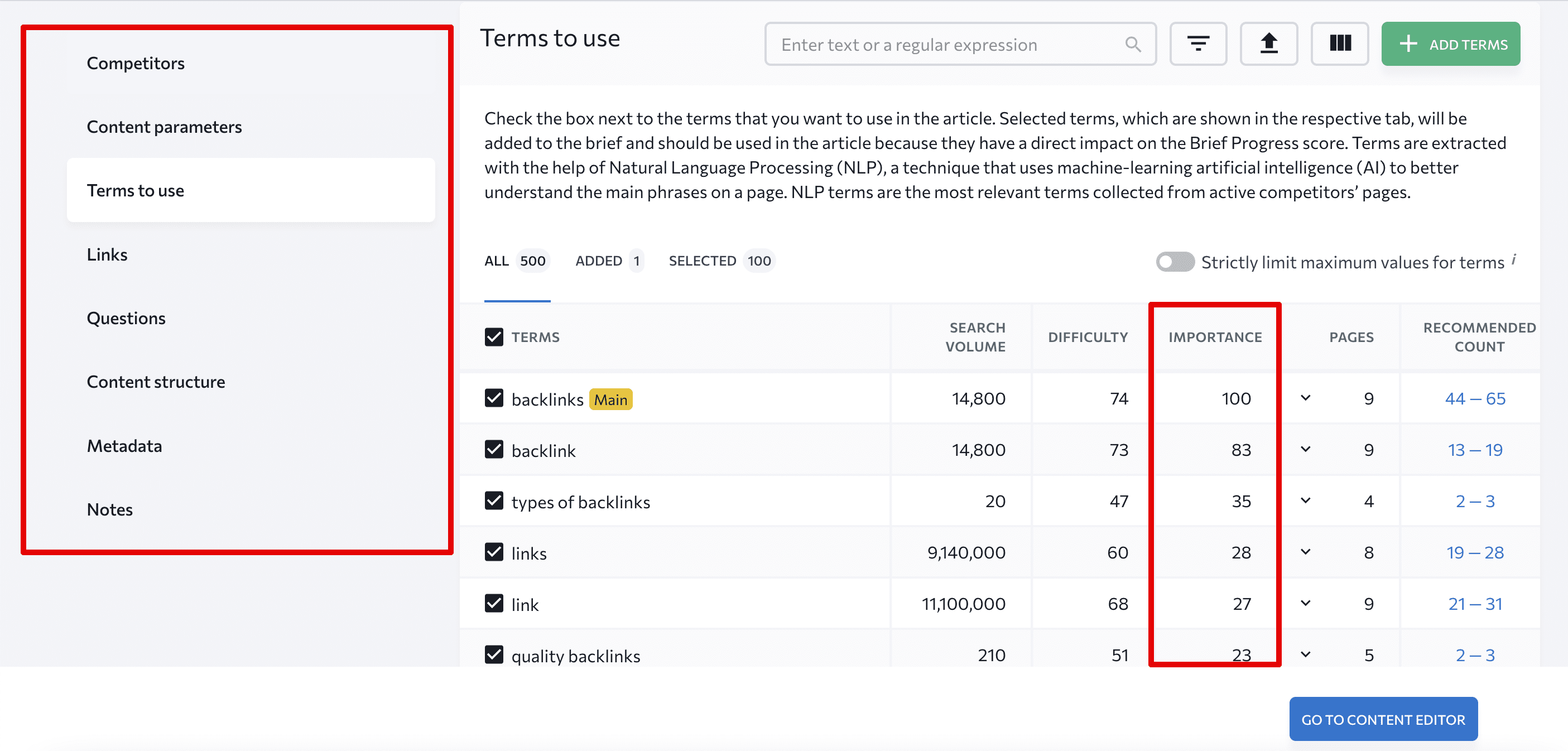 New Brief settings in SE Ranking's Content Editor: metadata, links, questions, and keyword importance