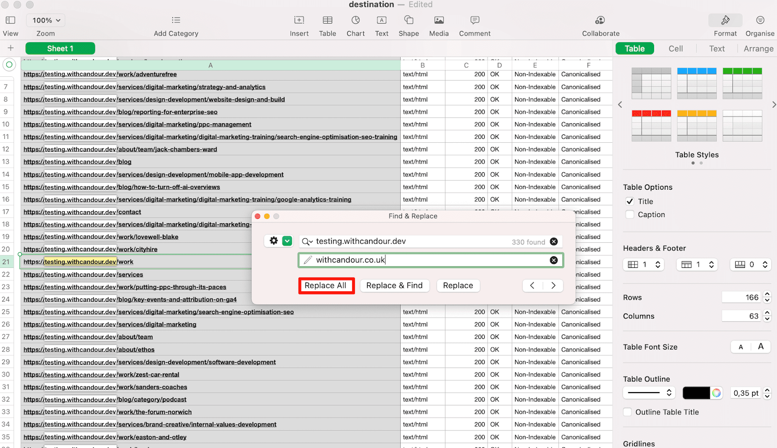 locate and replace all test URLs requiring address changes