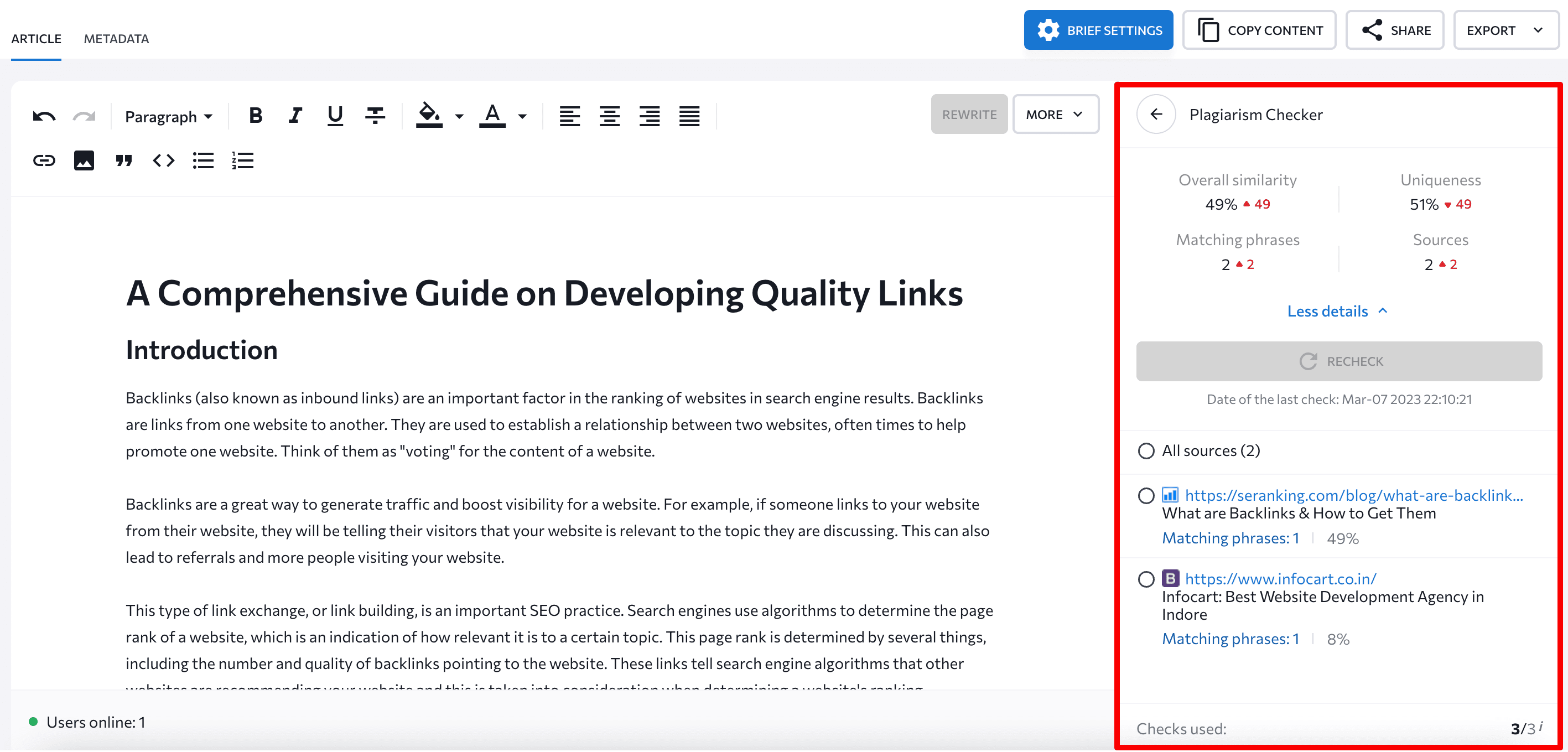 Plagiarism Checker feature in SE Ranking's Content Editor