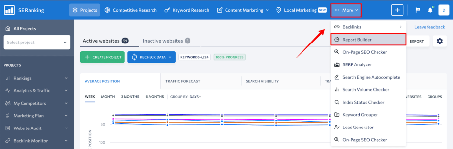 Accessing SE Ranking Report Builder from the Dashboard