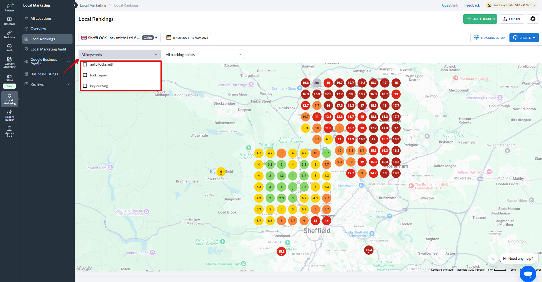 Screenshot of dropdown menu above the map to see keyword positions