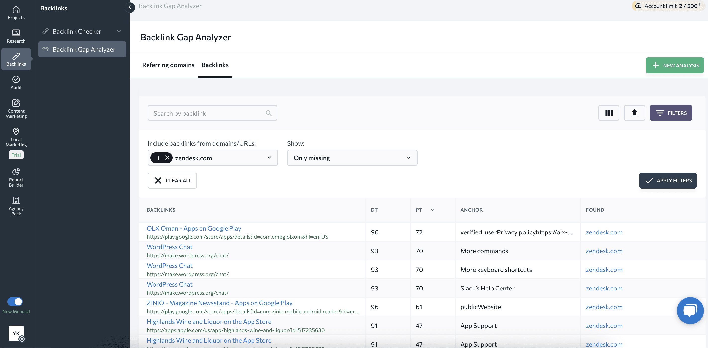 Filter backlinks in Backlink Gap Analyzer