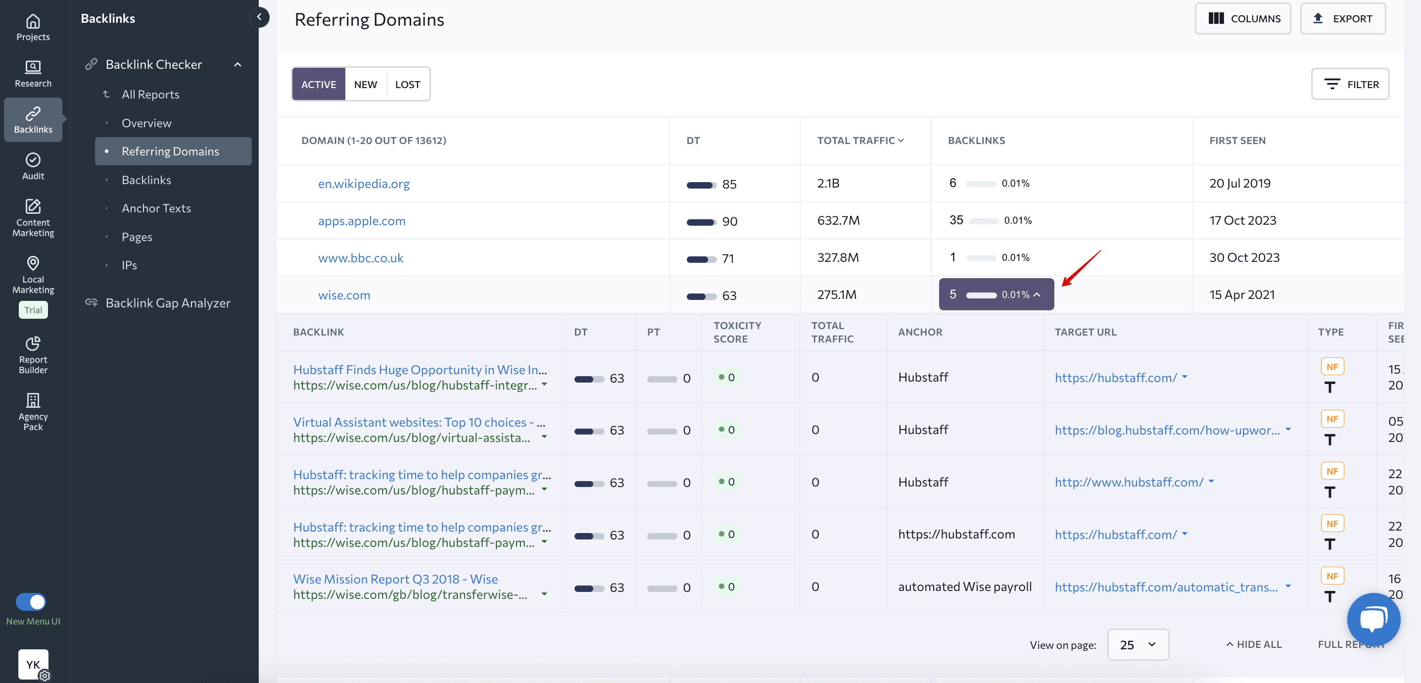 List of referring domain's backlinks