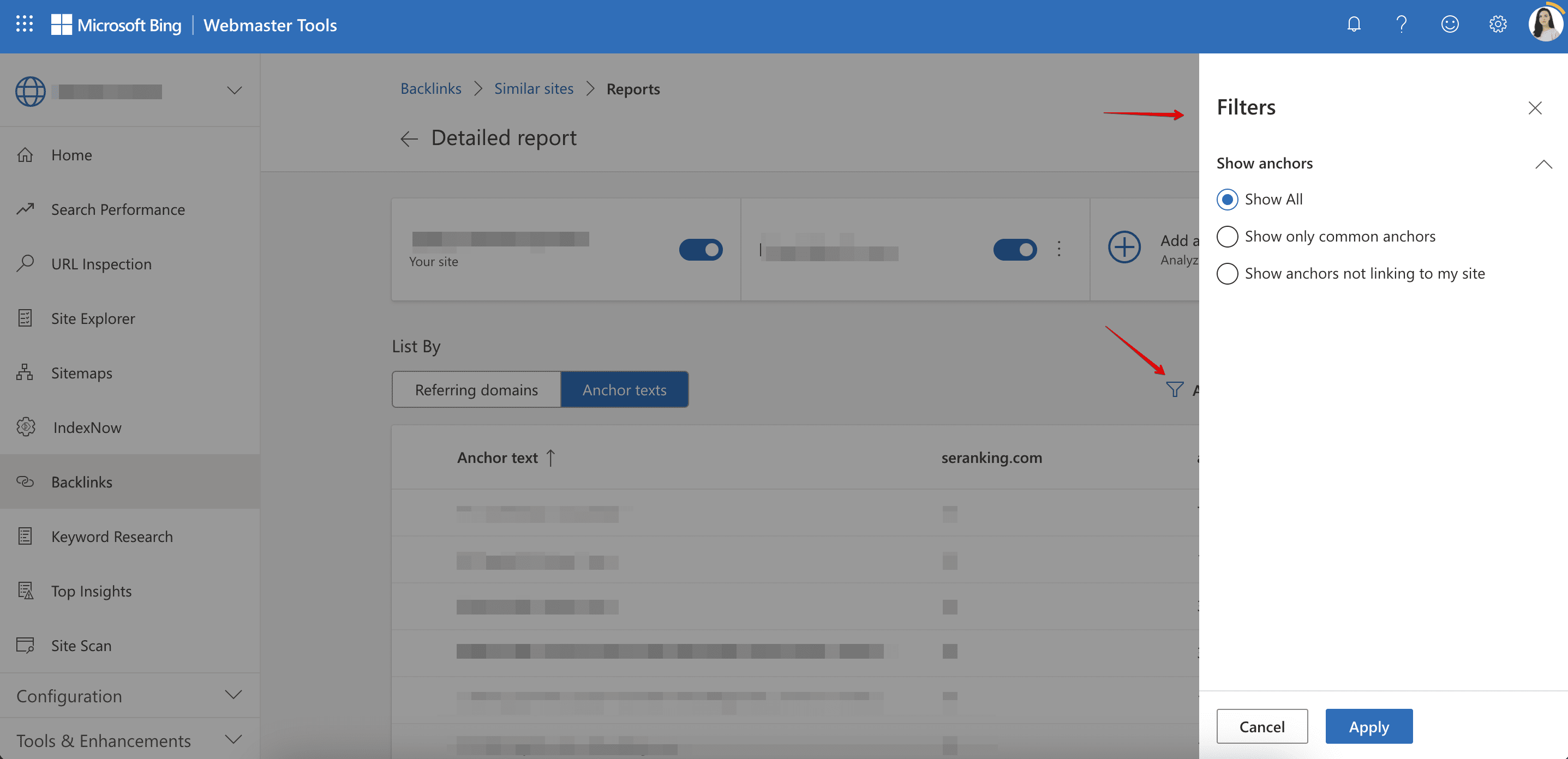 Filters for backlink comparison