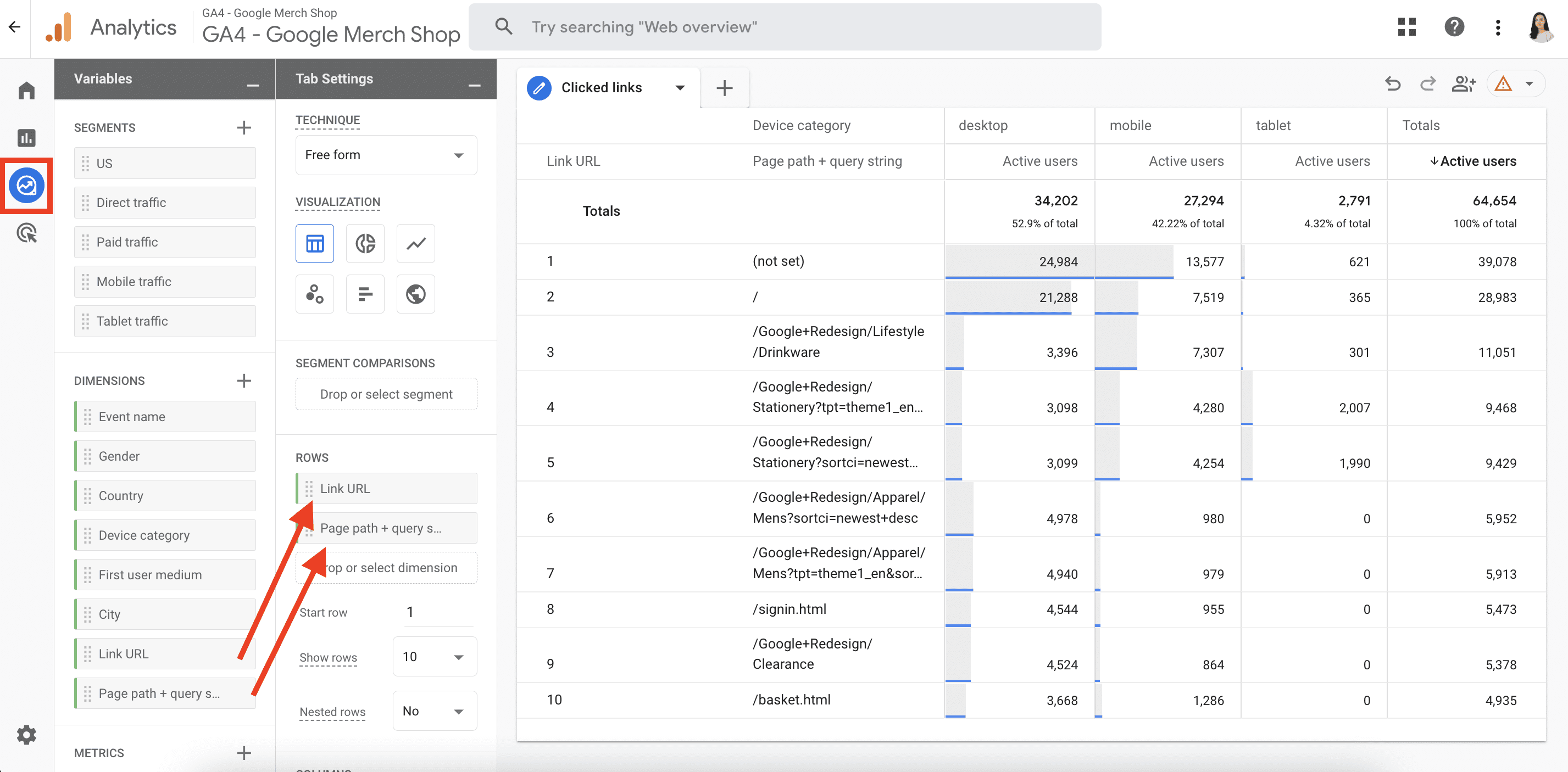 Custom clicked links report in GA4