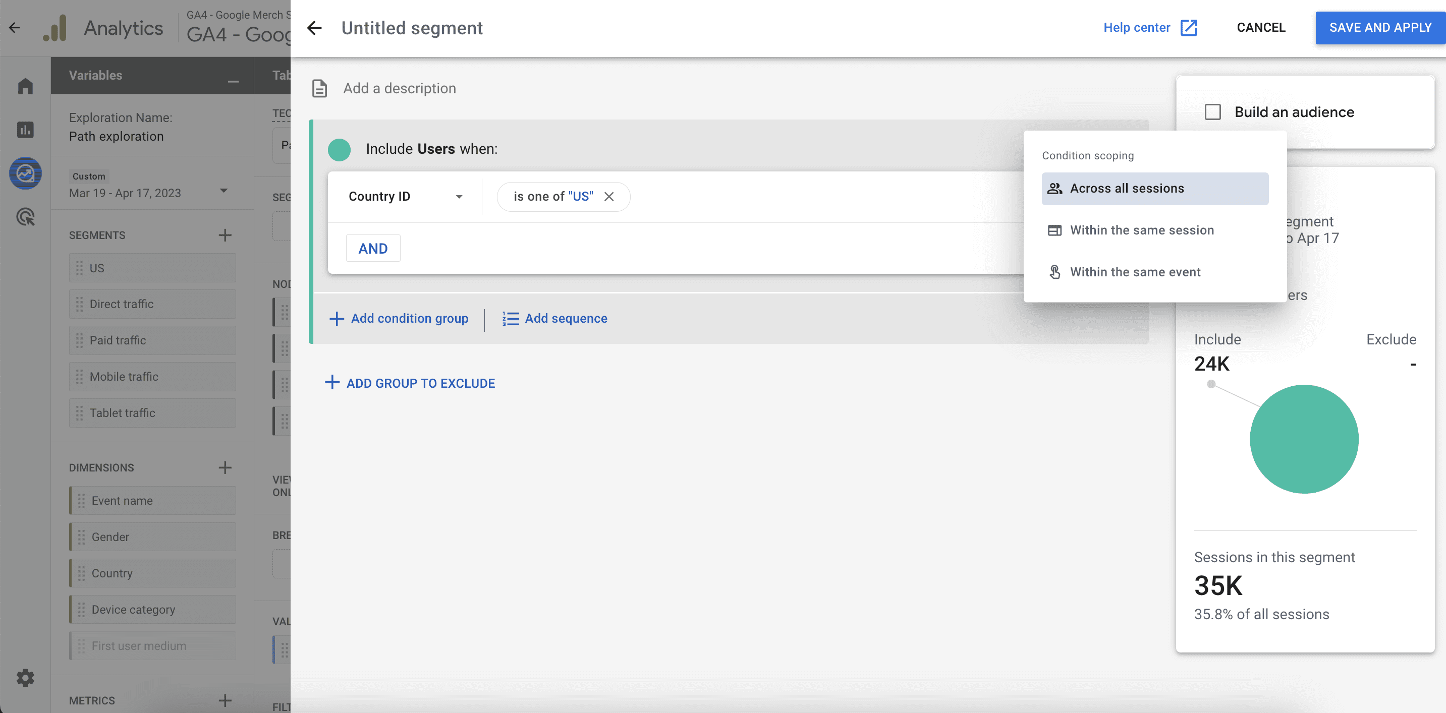 Segment conditions and scope in GA4