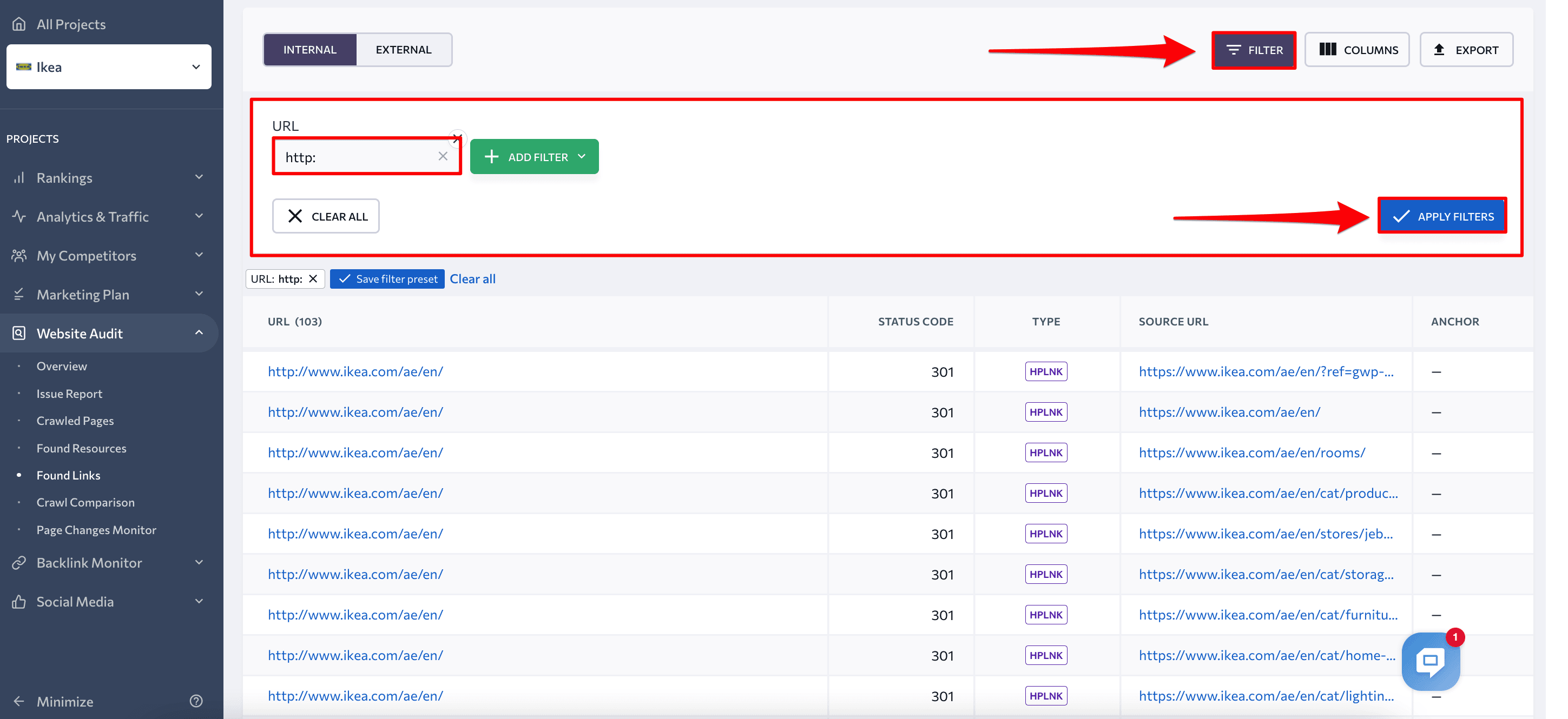 The list of HTTP URLs in SE Ranking
