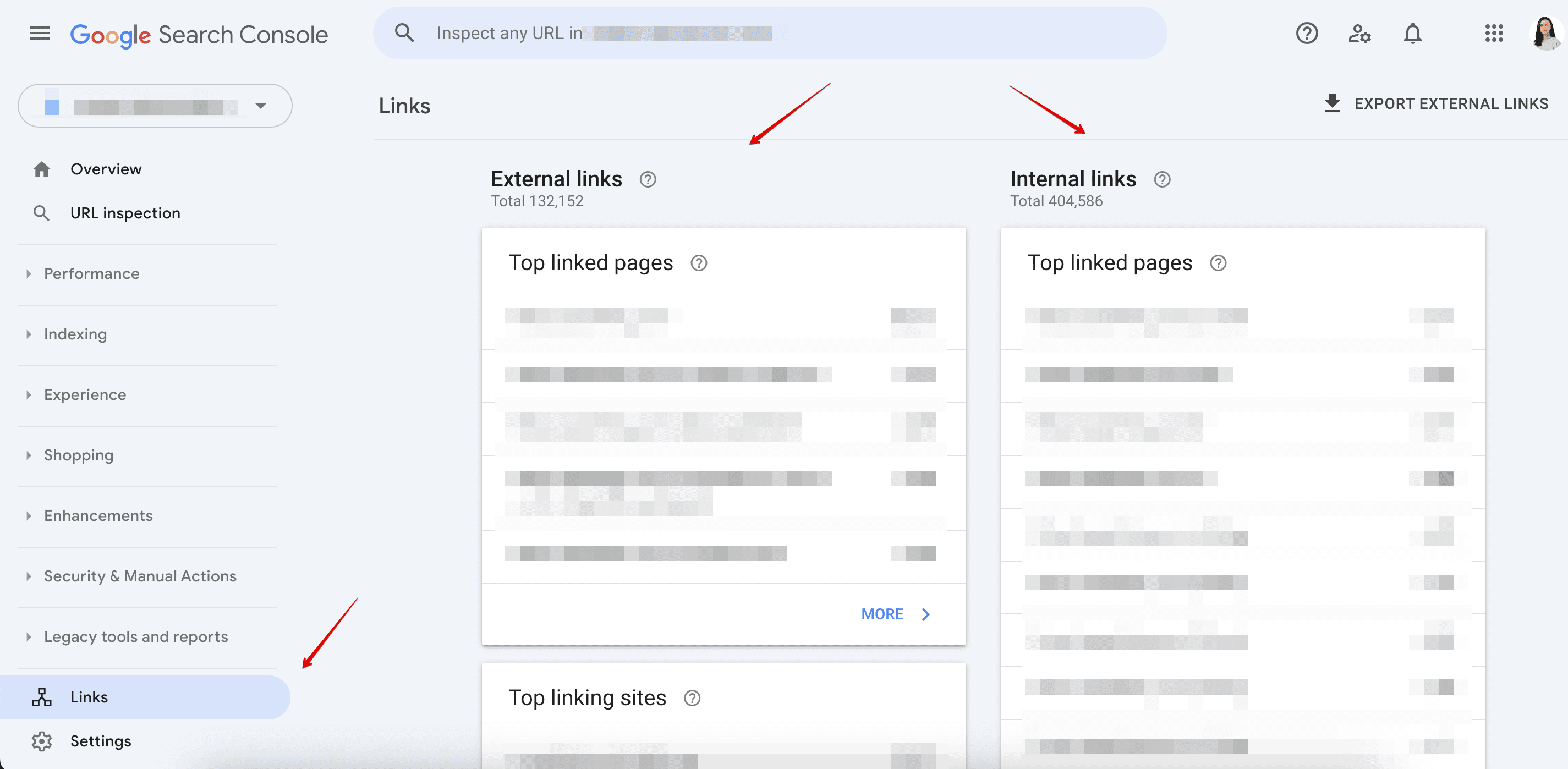 GSC Links report with external and internal links