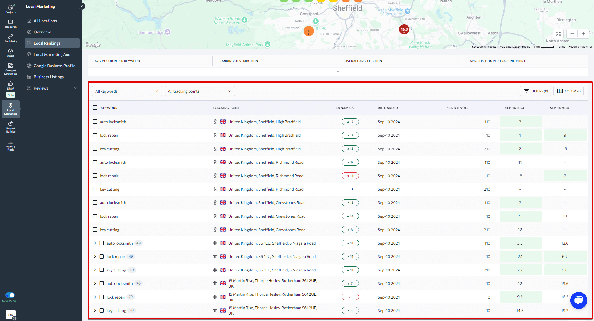 Local rankings table below the map