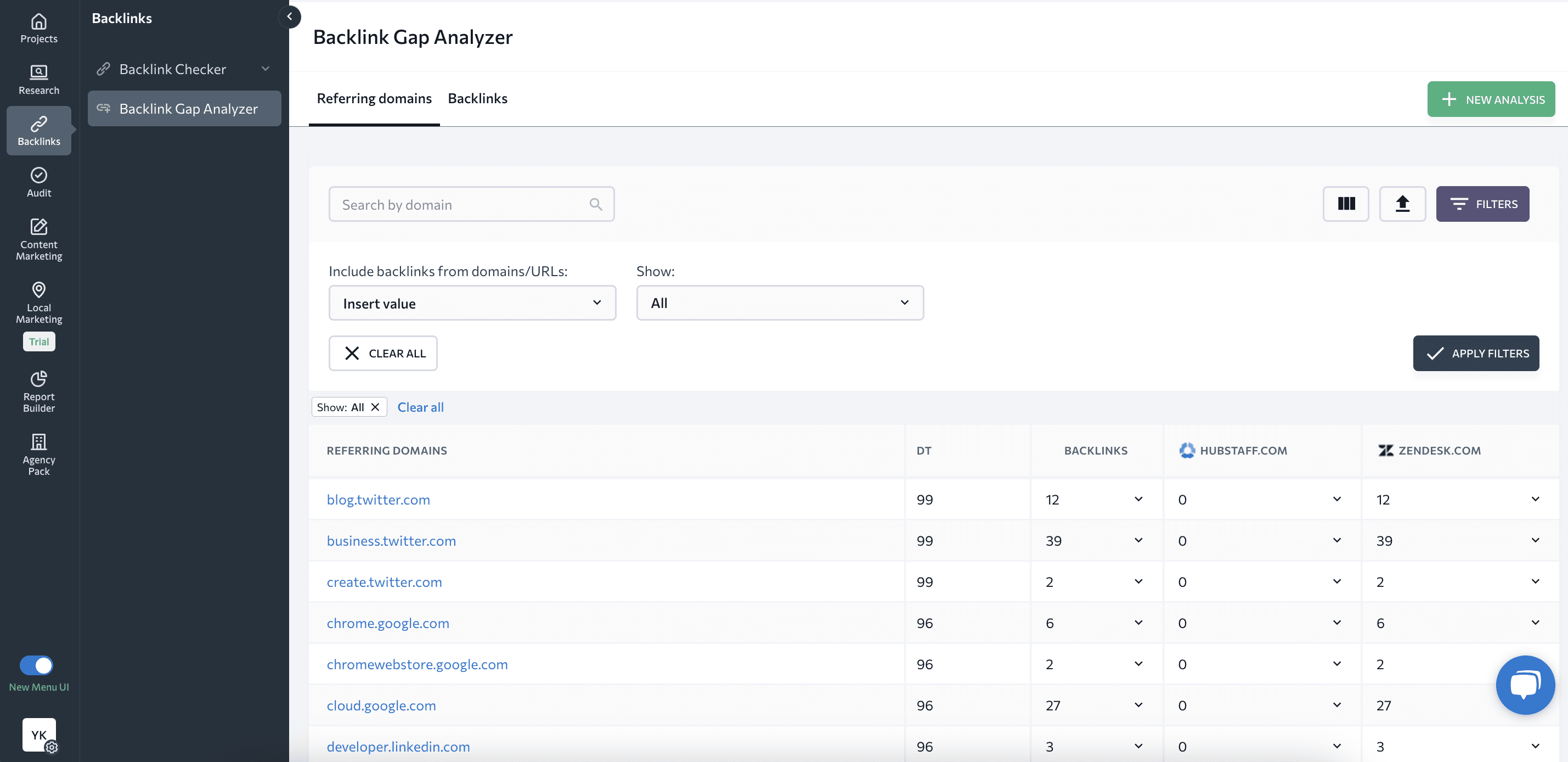 Backlink Gap Analyzer filters for referring domains 