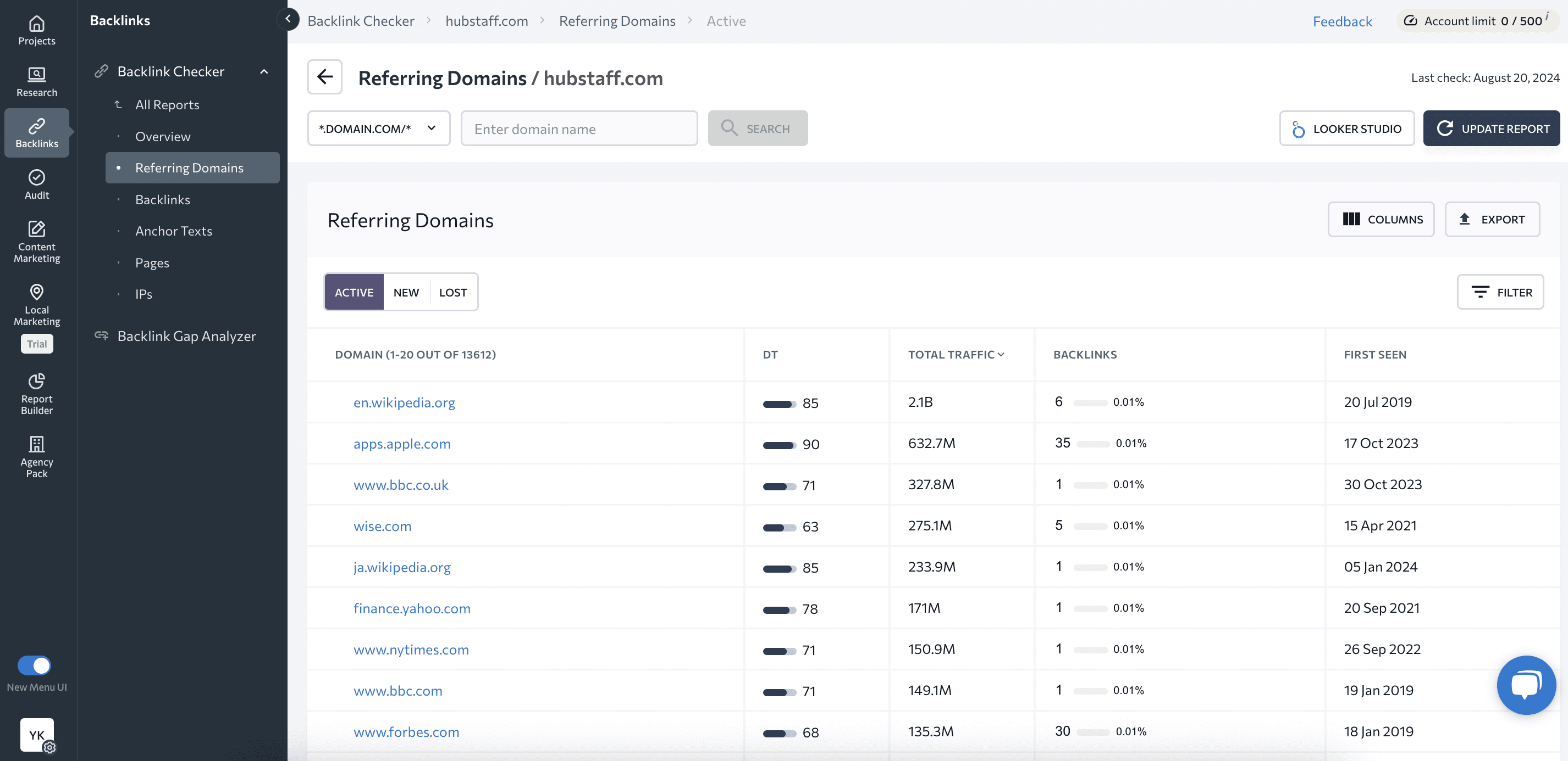 Referring Domains report in Backlink Checker