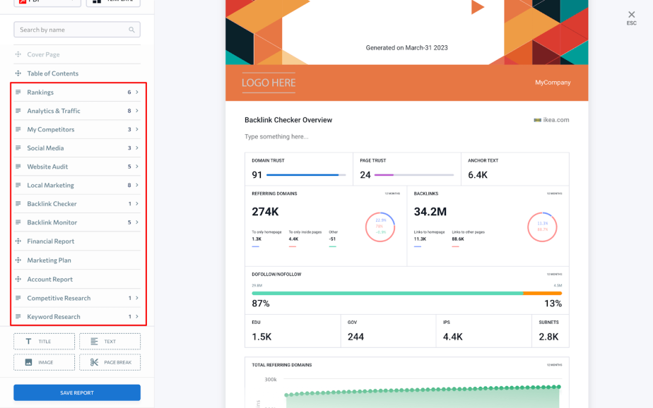 SE Ranking Report Builder navigation menu