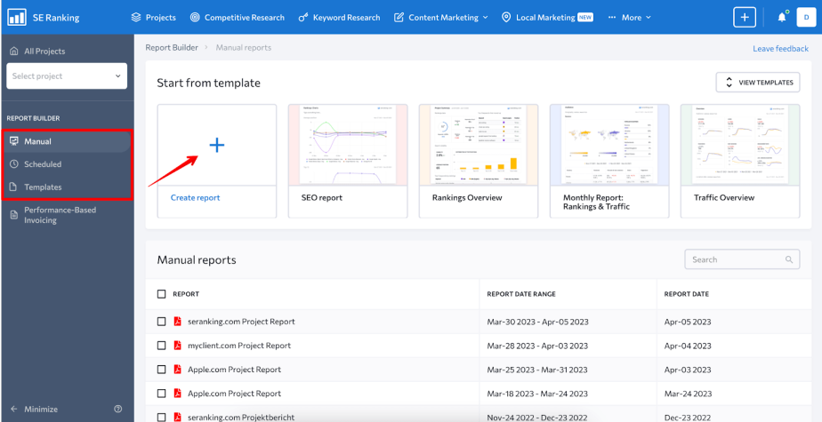 Reporting options in SE Ranking Report Builder