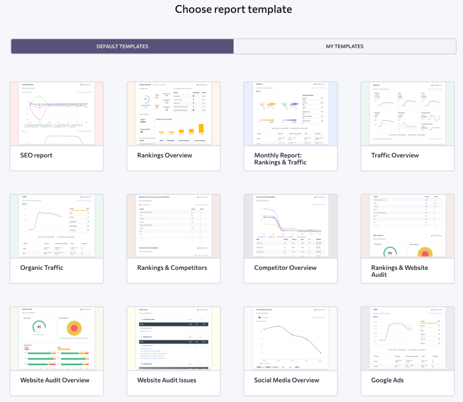 Report templates in SE Ranking Report Builder