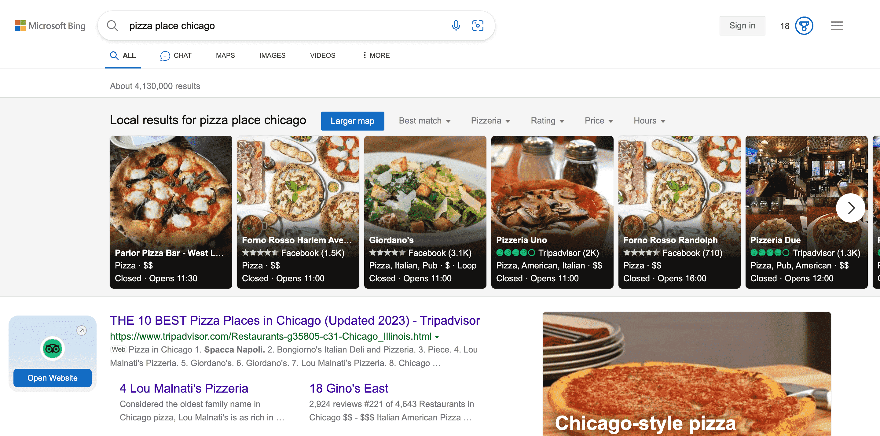 Screenshot of Bing Local Results