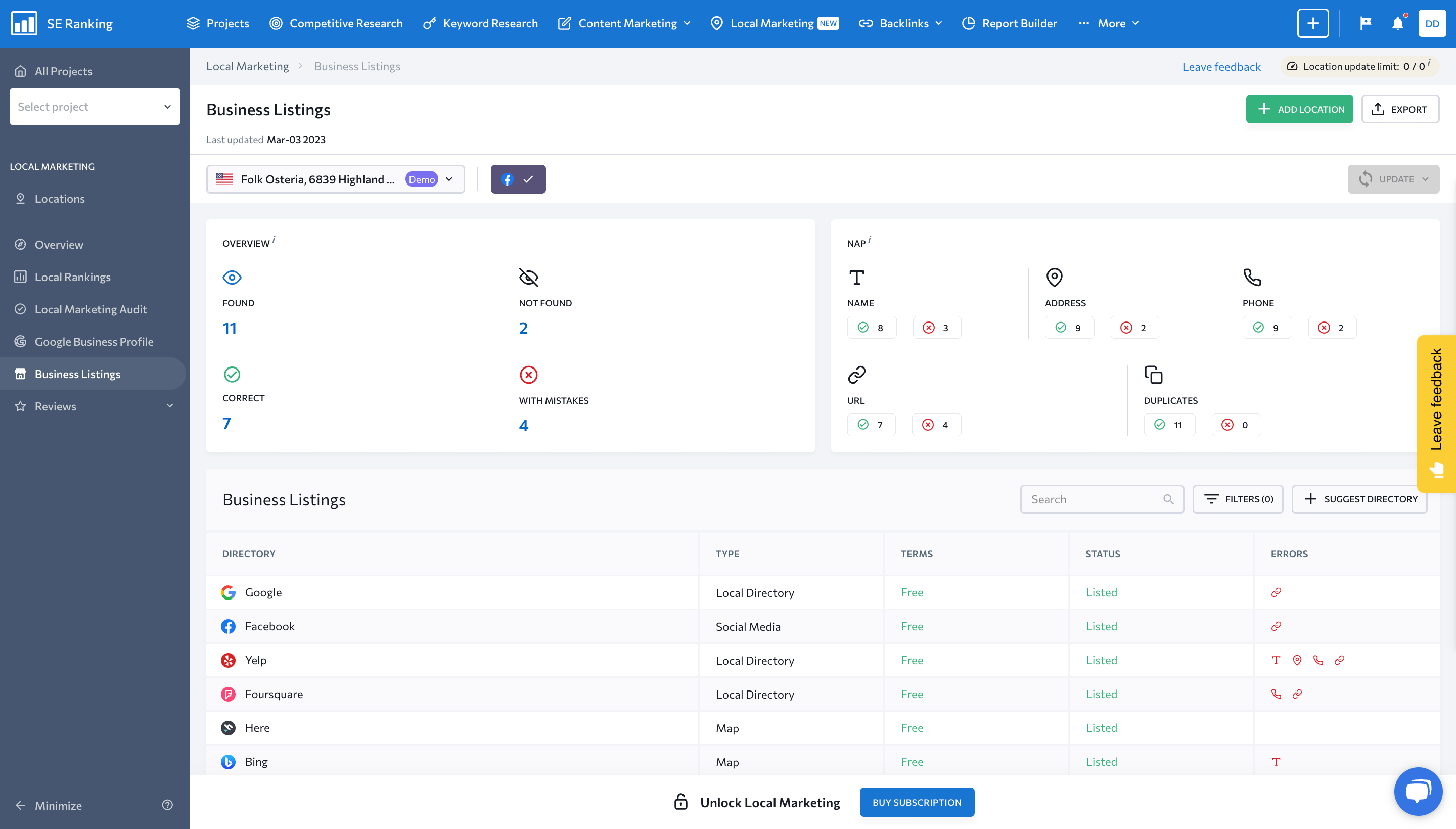 Screenshot of Business Listings analysis dashboard