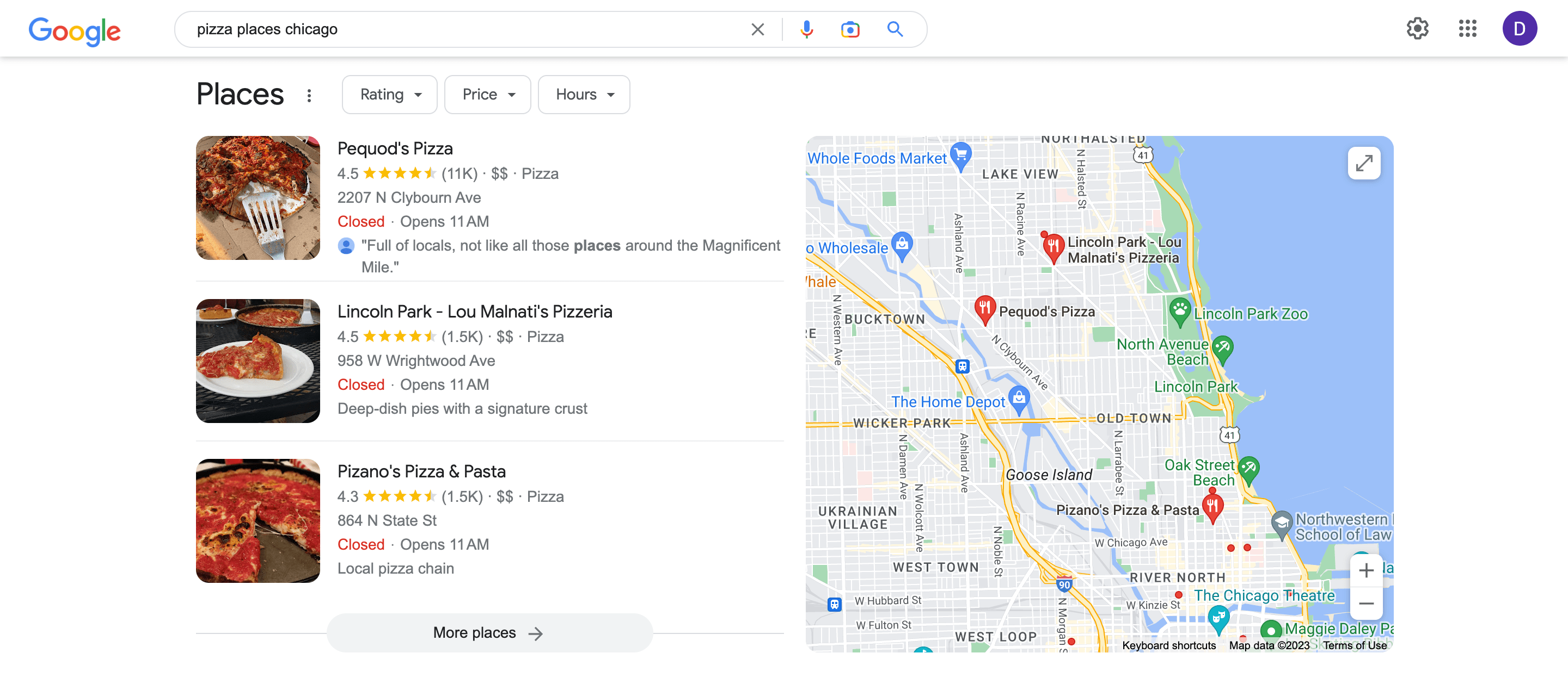 Screenshot of Google Local Pack
