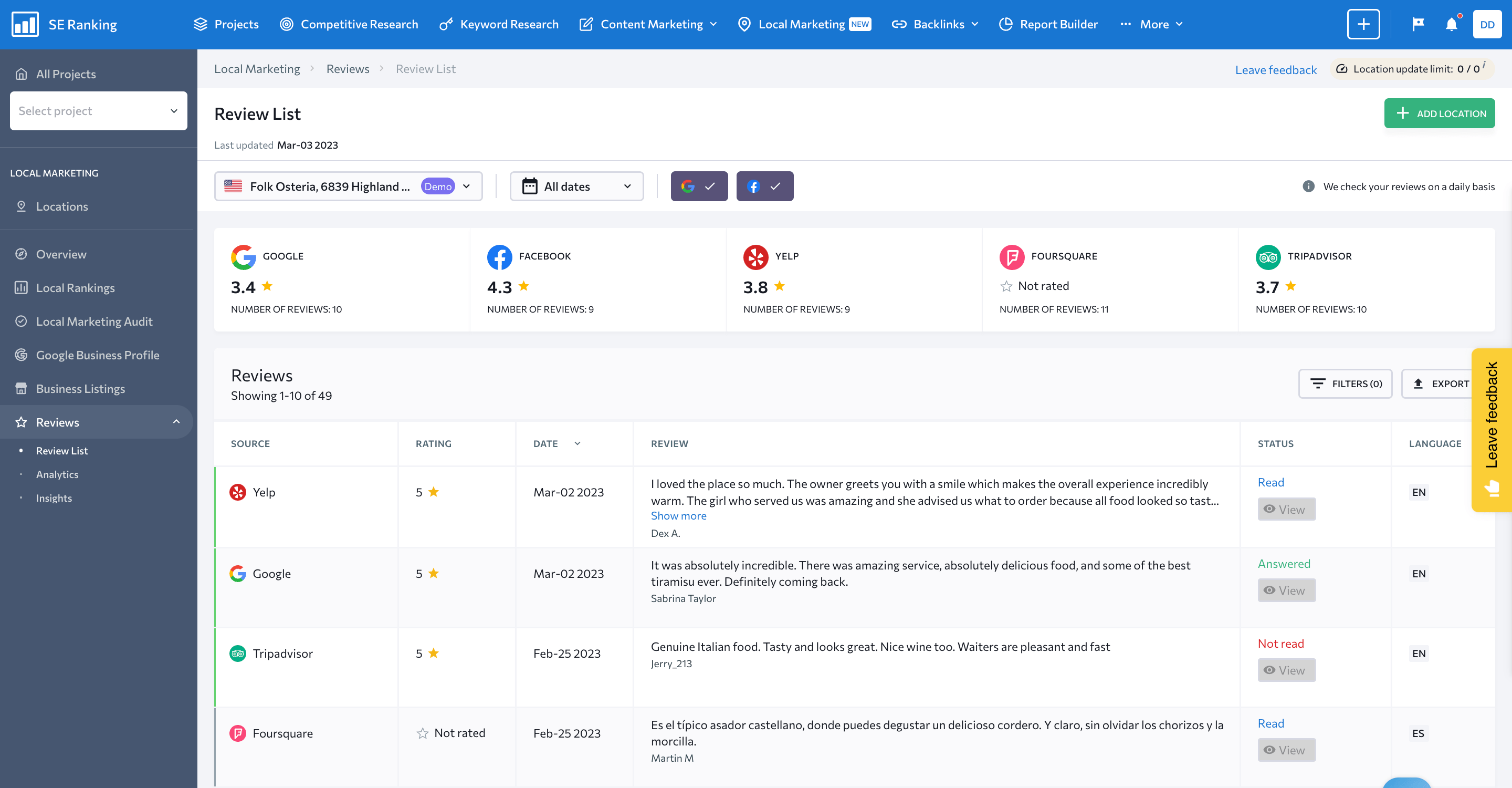 Screenshot of SE Ranking's Online Reputation Management