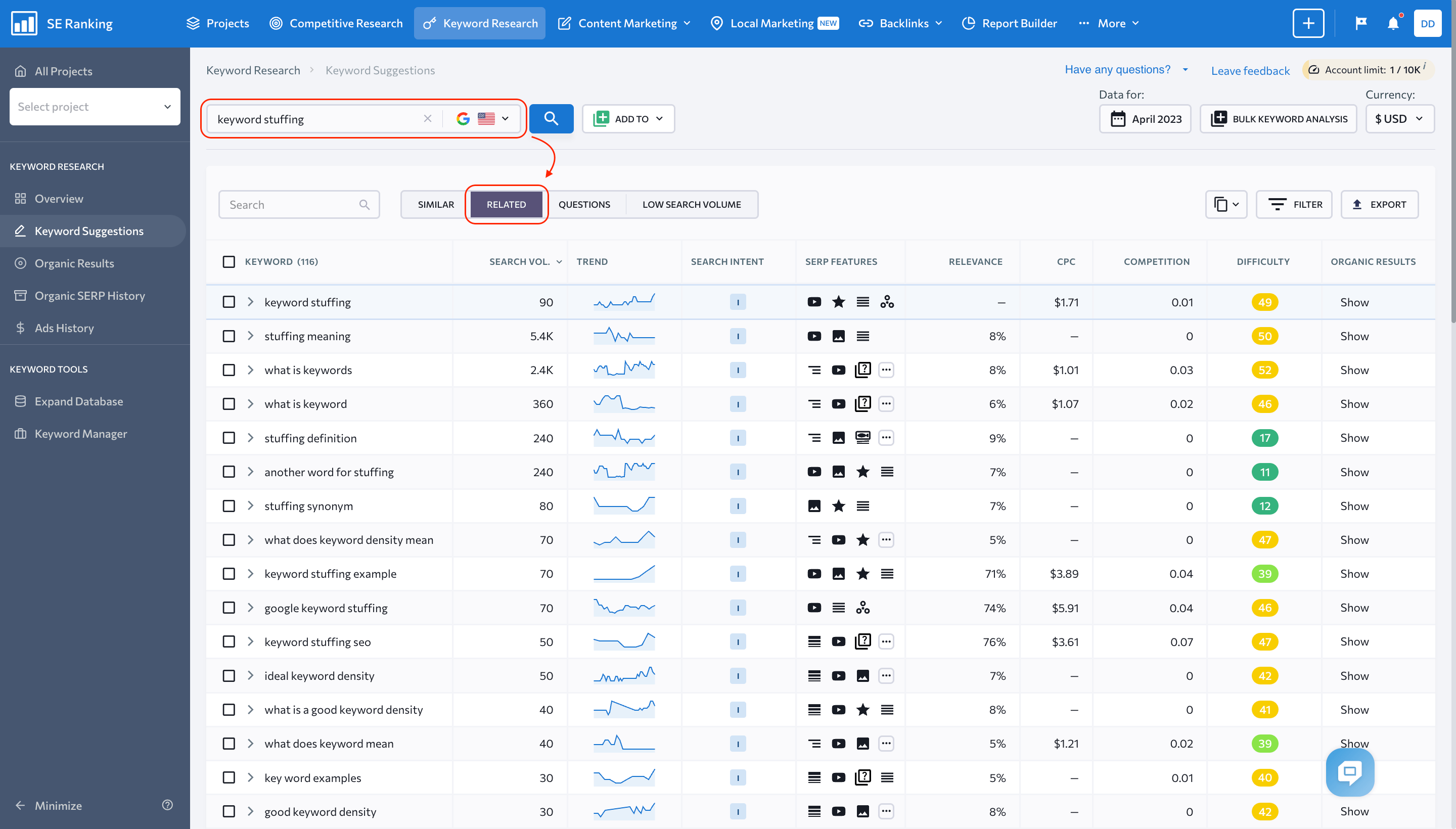 Screenshot of Keyword Suggestions in SE Ranking