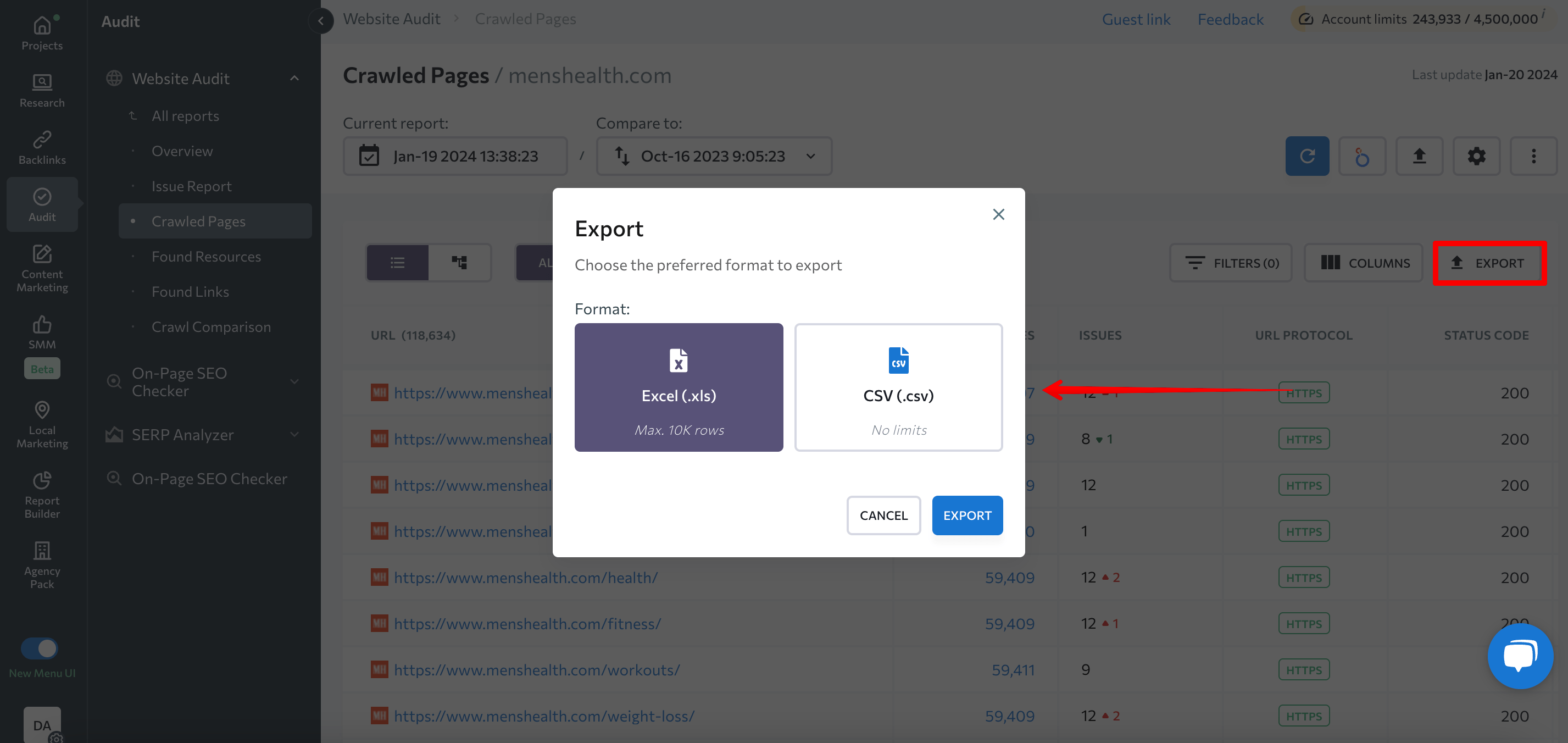 Export data from Website Audit tool