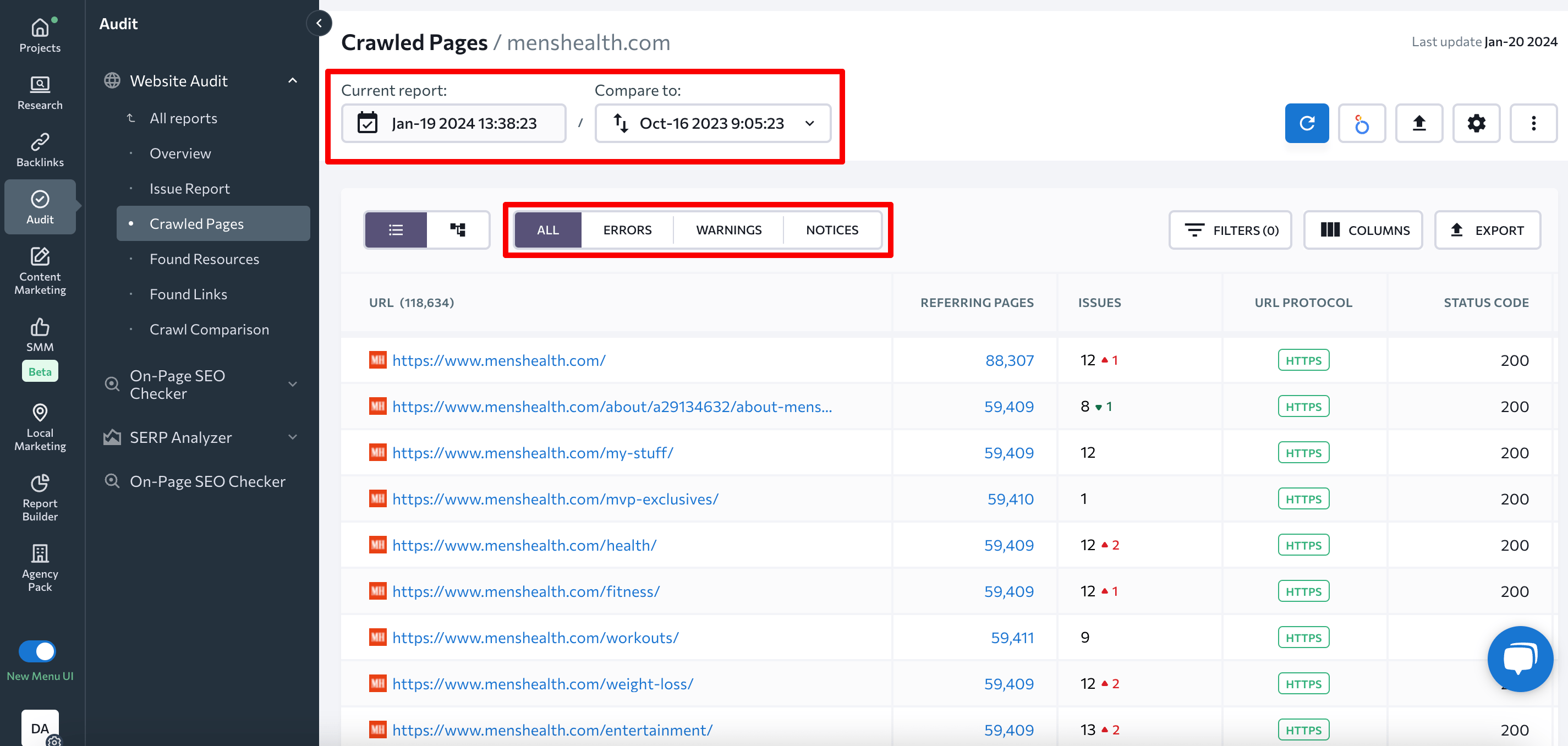 Comparing and sorting crawled pages