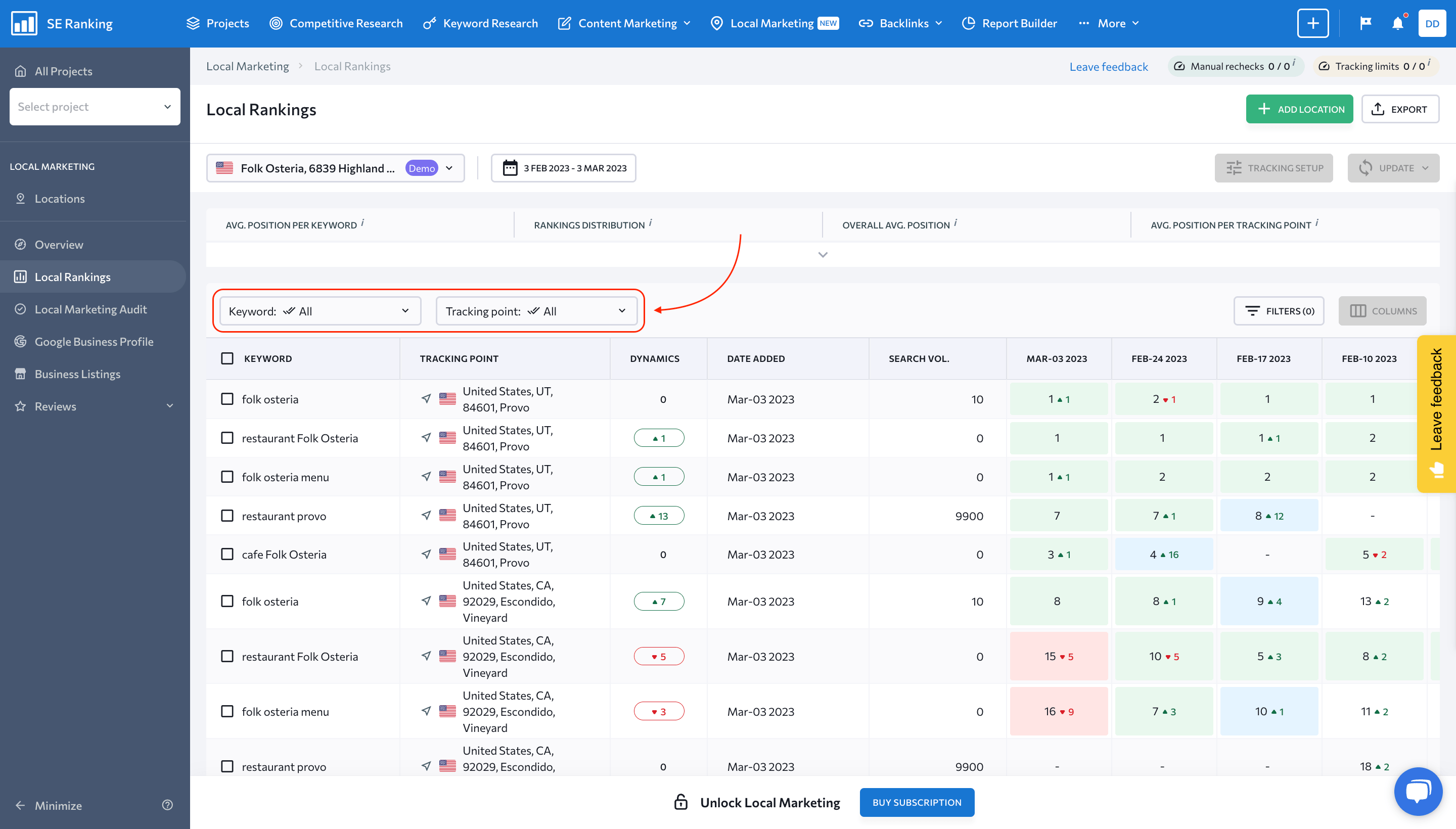 Screenshot of tracking points chart