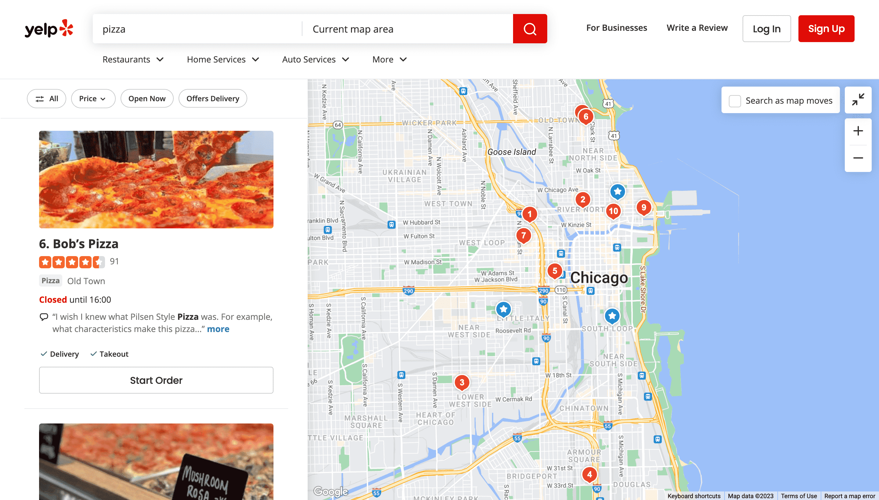 Screenshot of Yelp Results