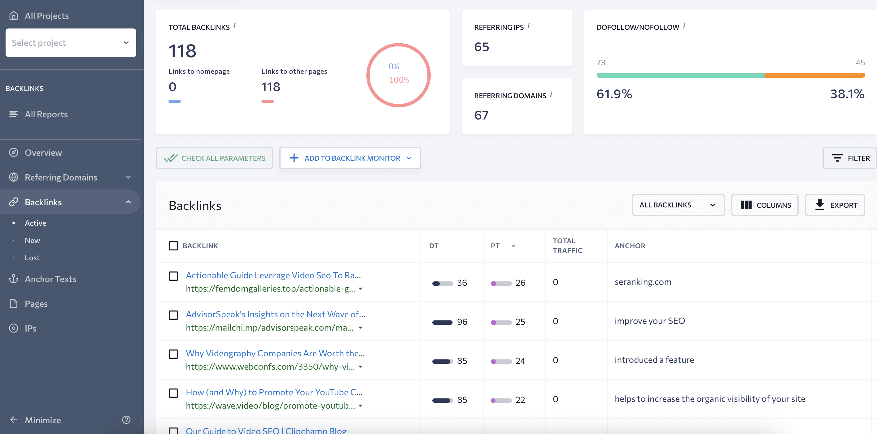 Backlinks tab in Backlink Checker