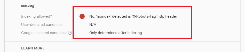 X-robots-tag in URL Inspection Tool