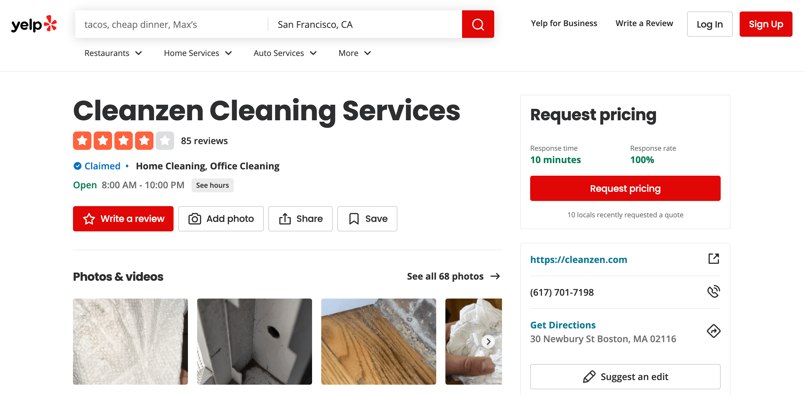 Cleanzen Yelp page