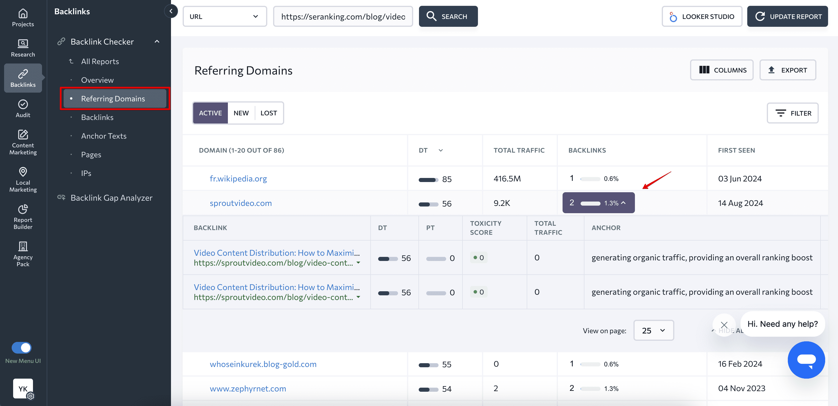 Referring Domains tab in Backlink Checker