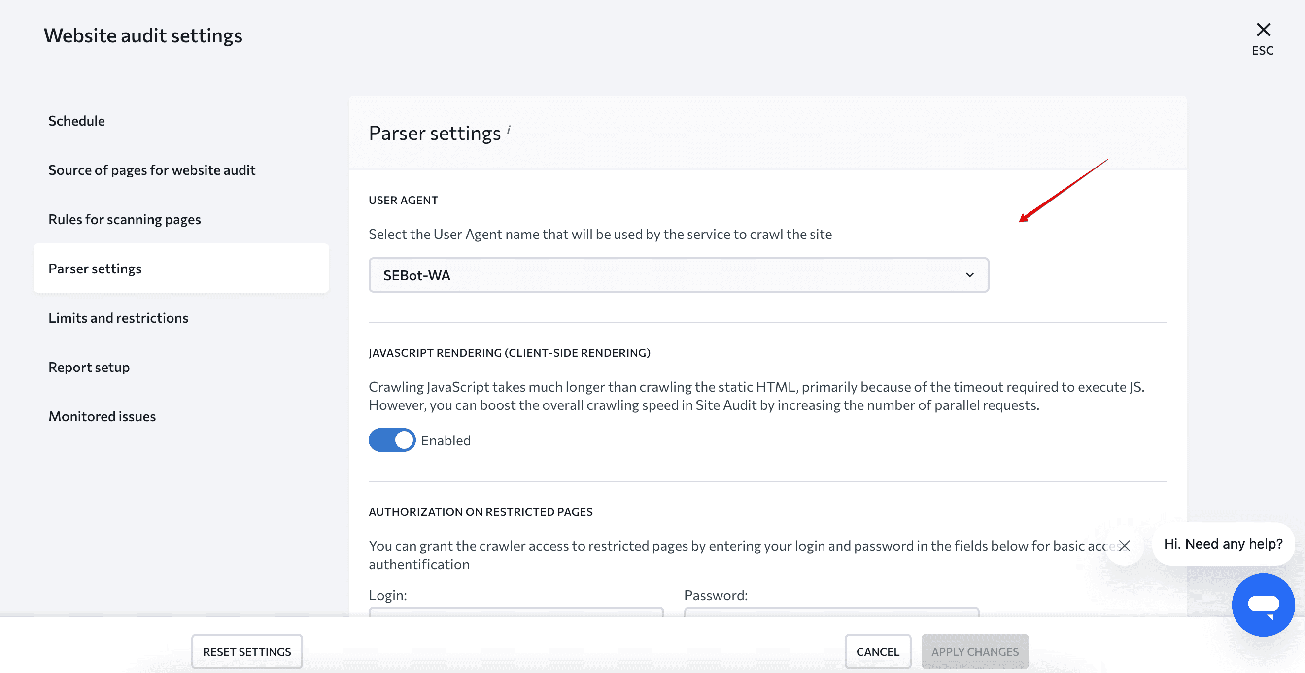 SE Ranking Parser Settings for Website Audit