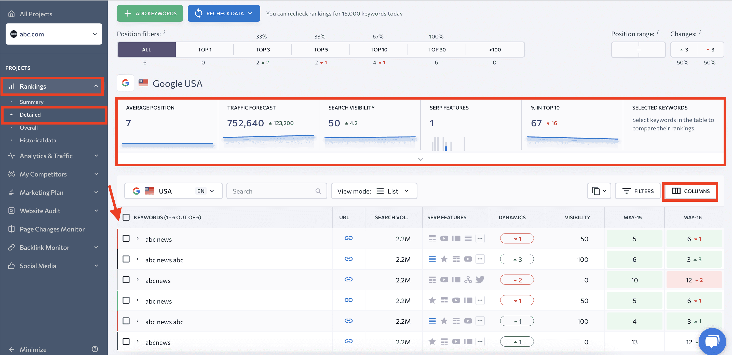 Detailed report in Rank Tracker