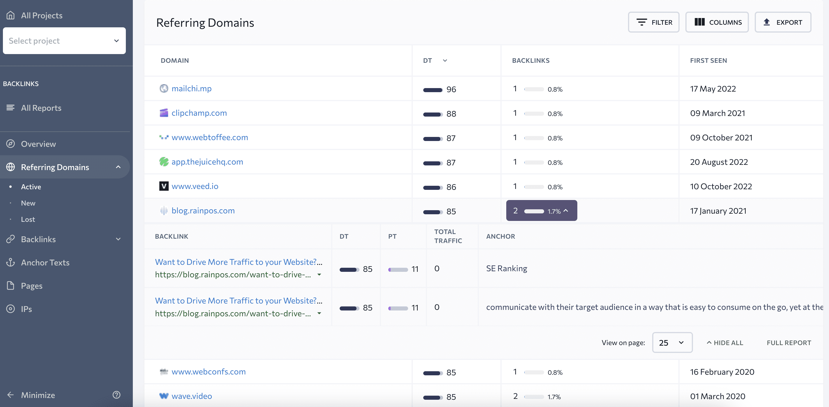 Referring Domains tab in Backlink Checker