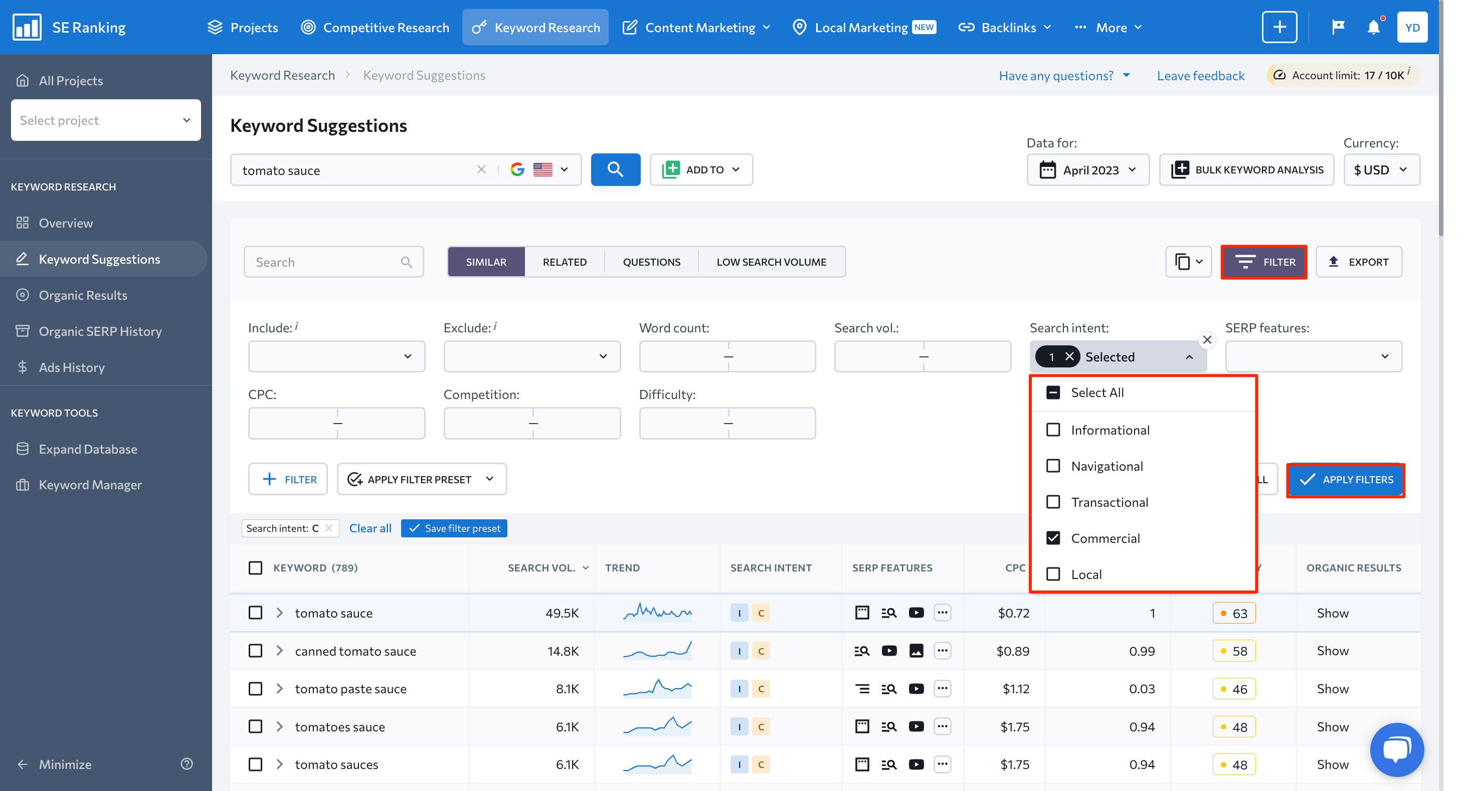 Search Intent Filtering