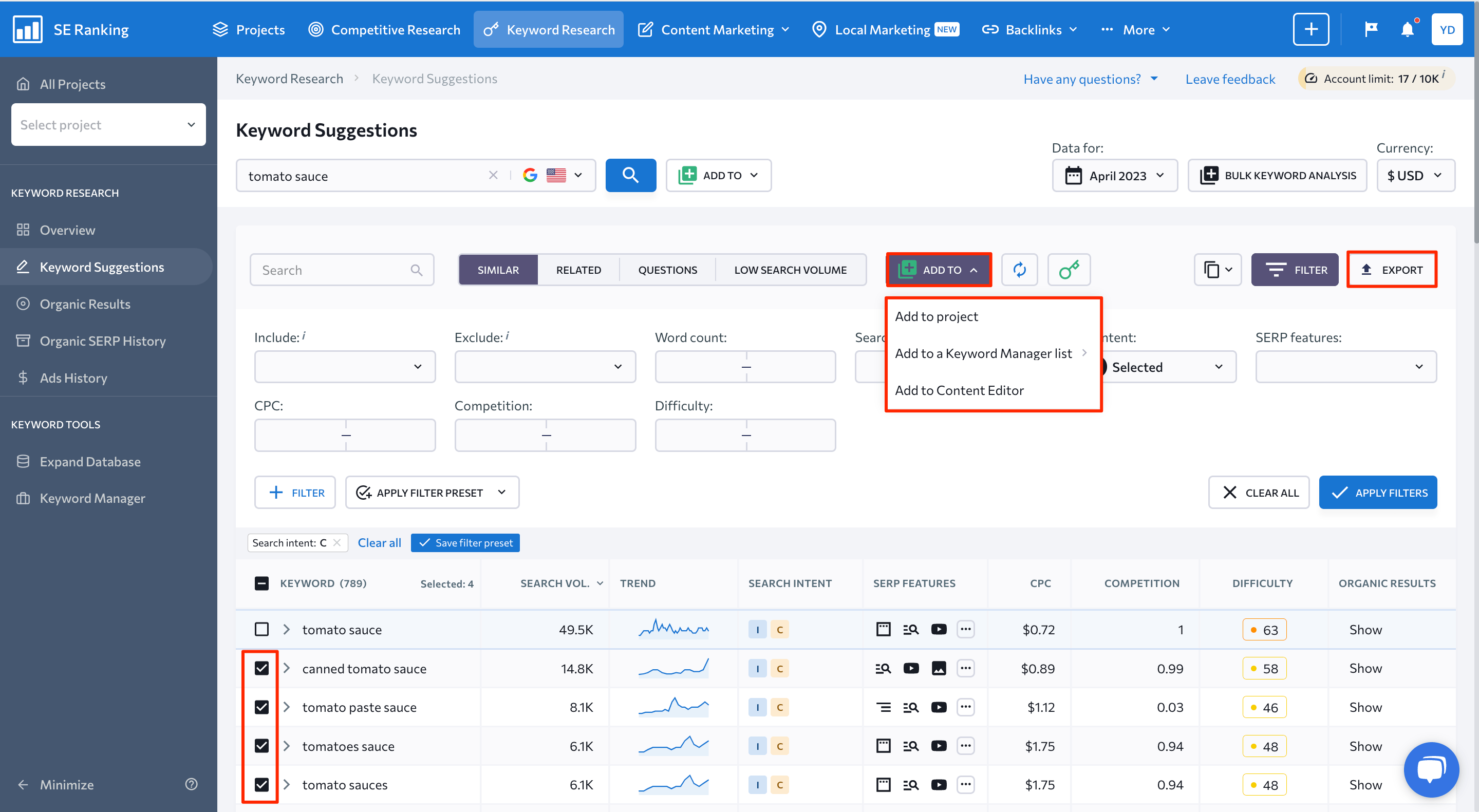 Keywords navigation in SE Ranking