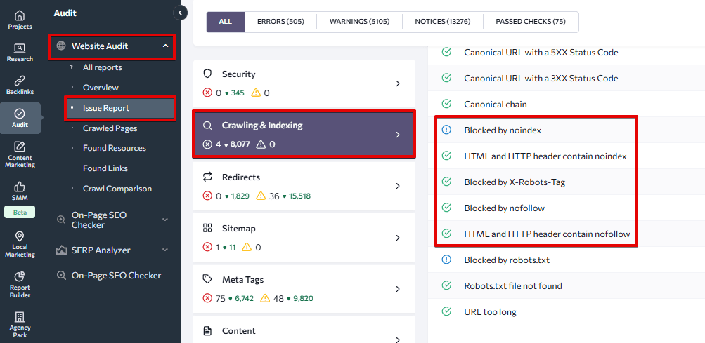 Crawling & Indexing category in the Website Audit tool