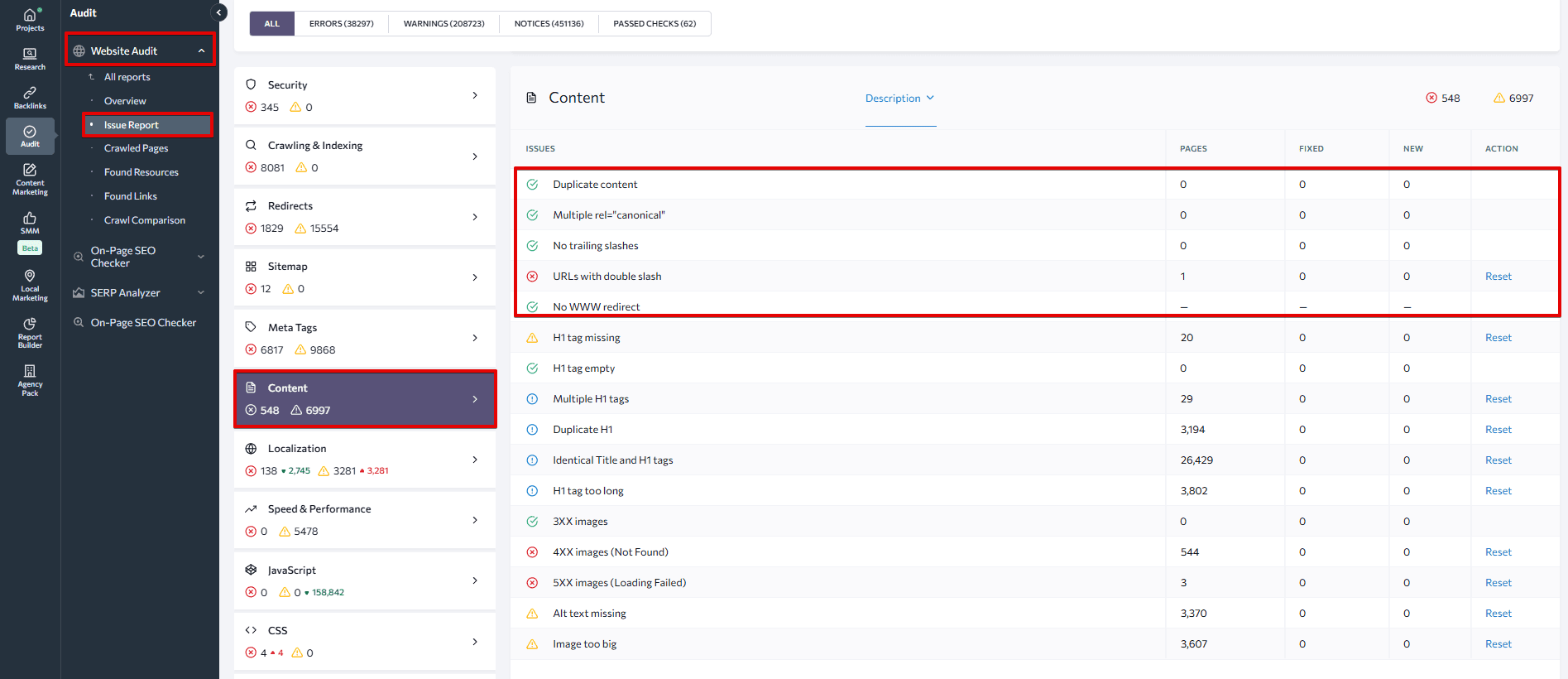 Content section by SE Ranking's Website Audit