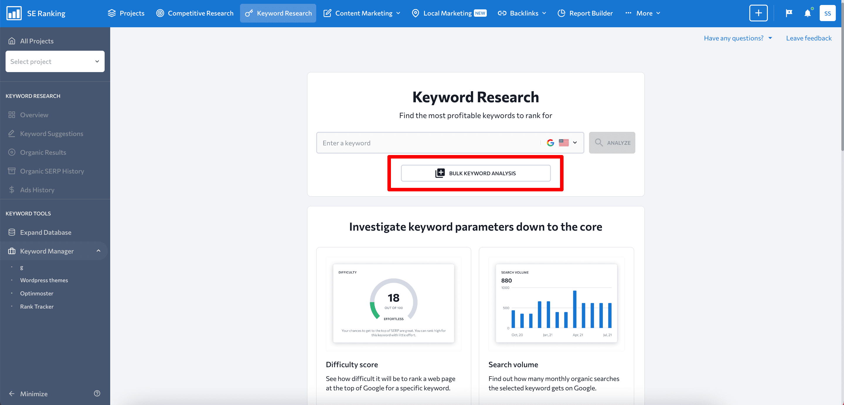 Bulk keyword analysis with SE Ranking