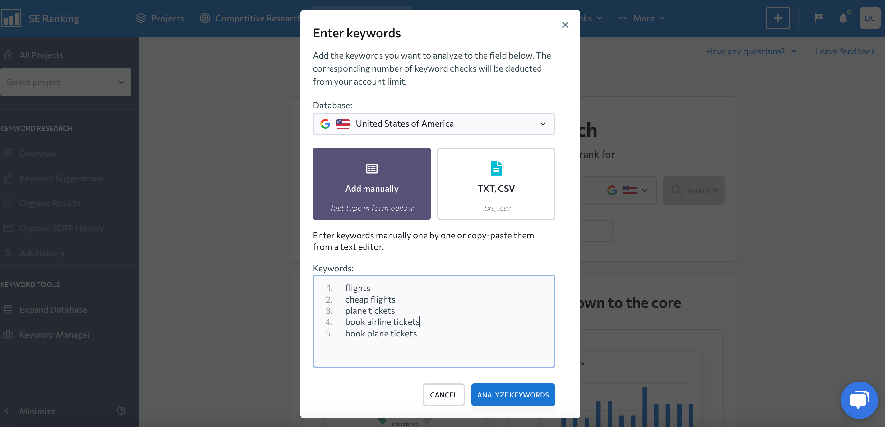 Bulk Keyword Analysis feature in SE Ranking