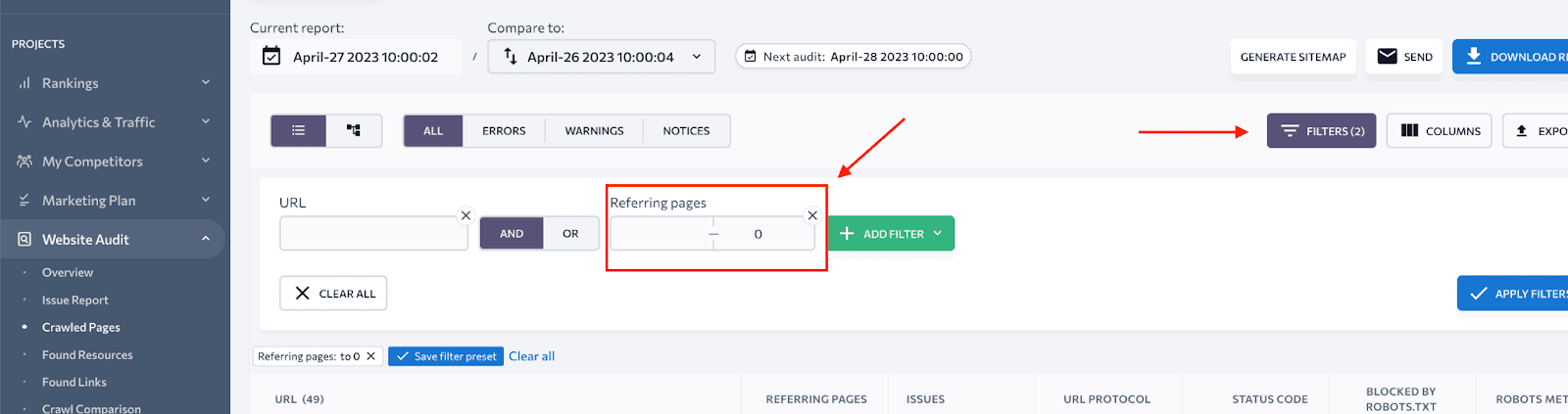 Orphaned pages via complete crawling report by SE Ranking