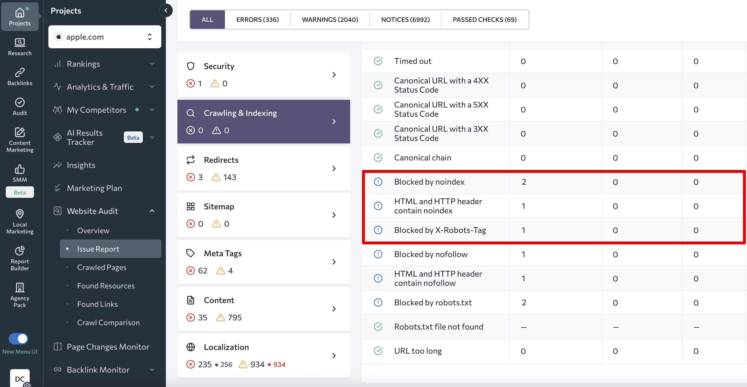 Crawling and Indexing section in SE Ranking's Website Audit