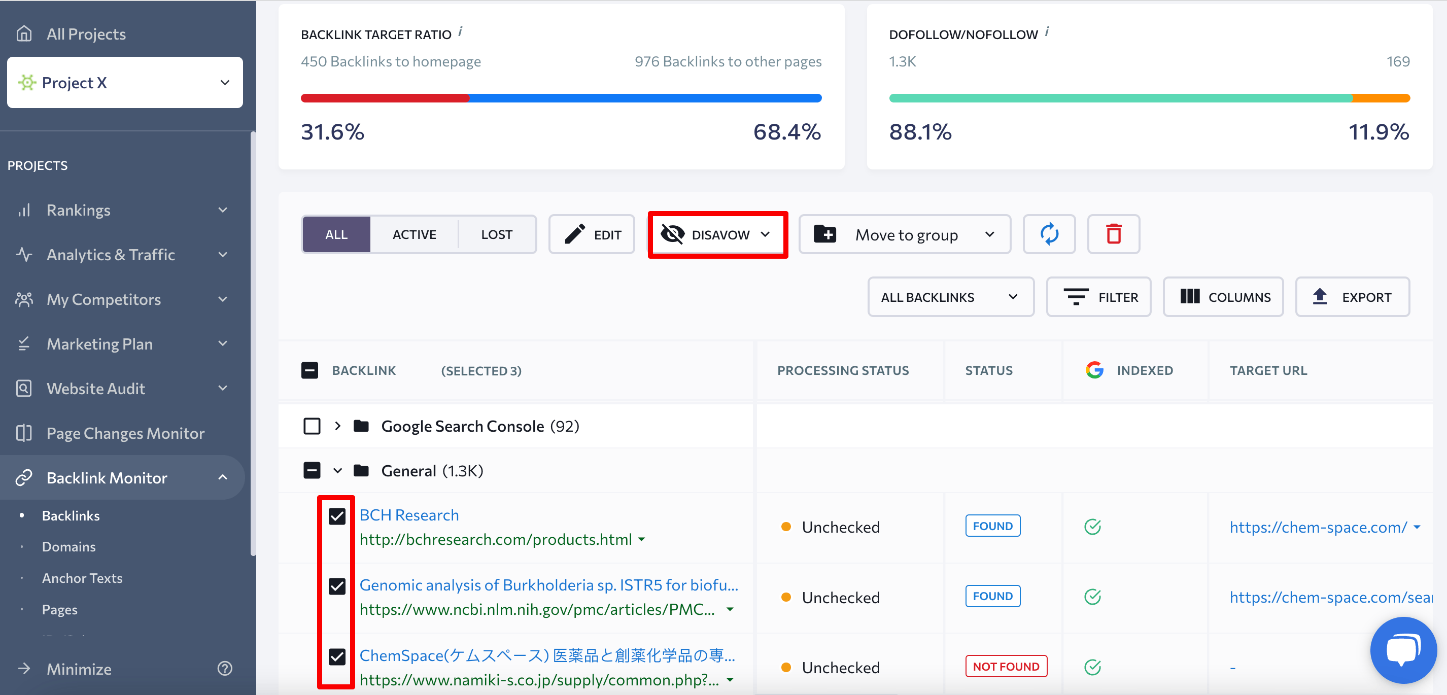 Disavow feature in SE Ranking's Backlink Monitor