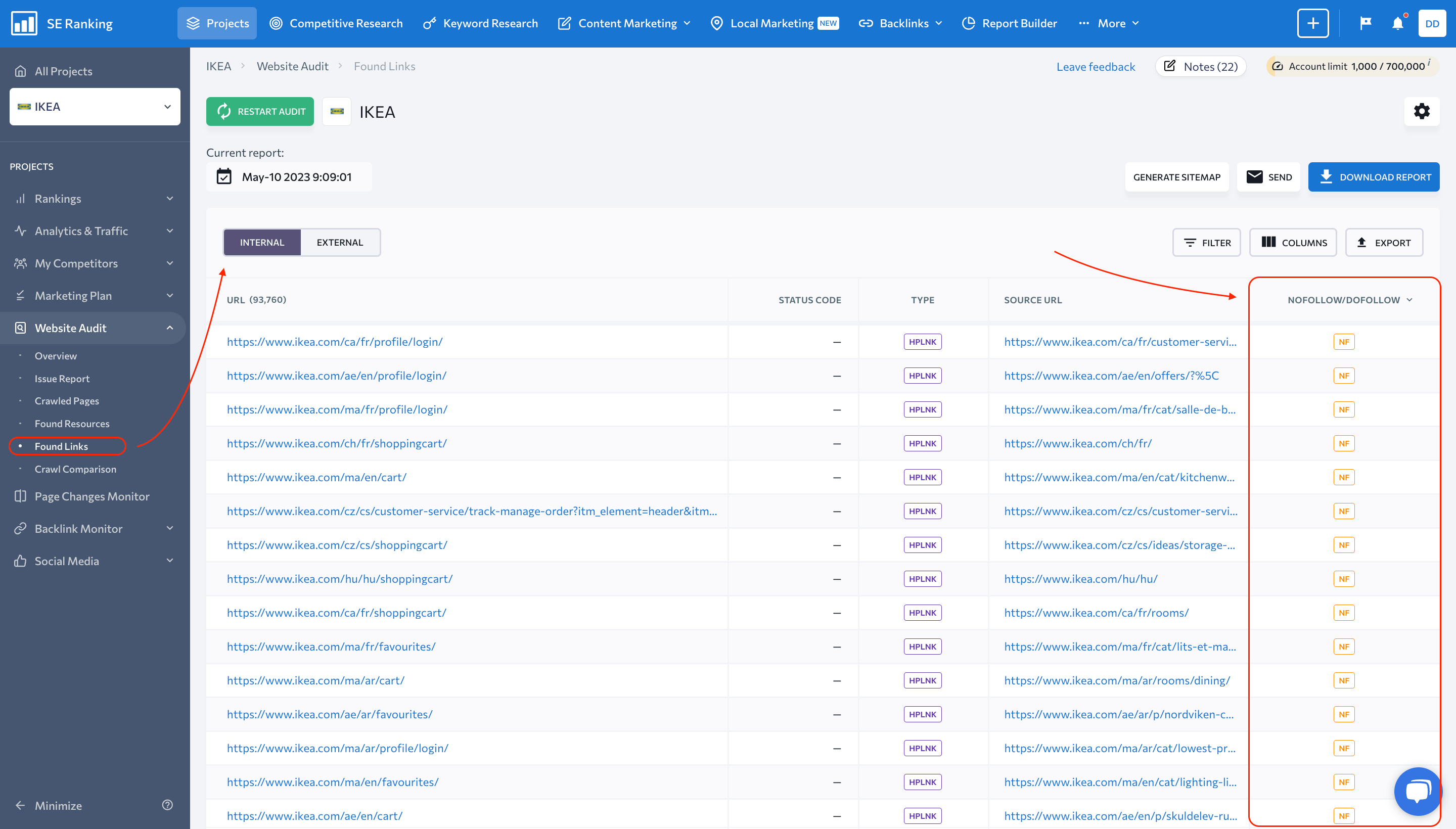 Screenshot of found links in SE Ranking